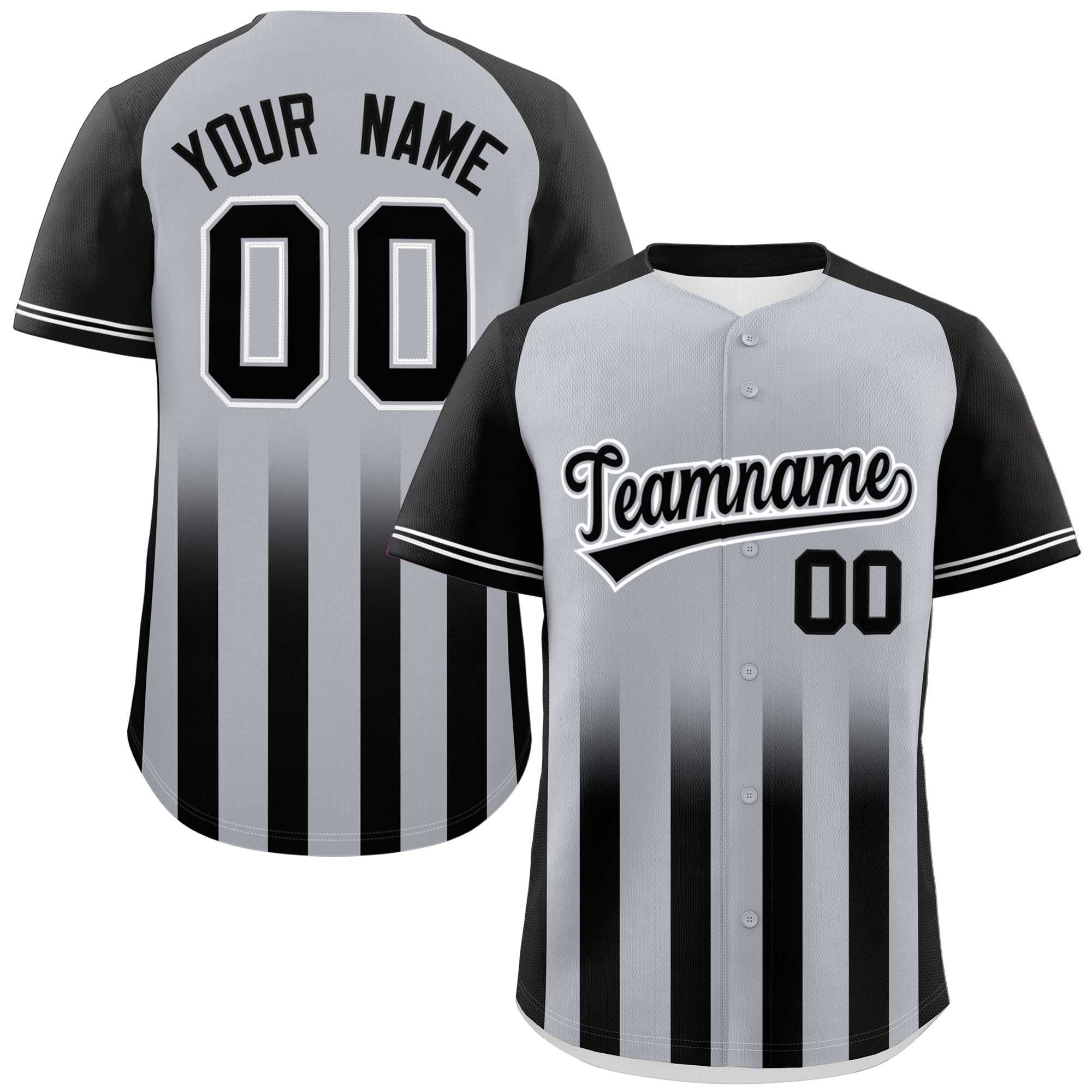 Custom Gray Black Raglan Sleeves Gradient Thick Stripe Authentic Baseball Jersey