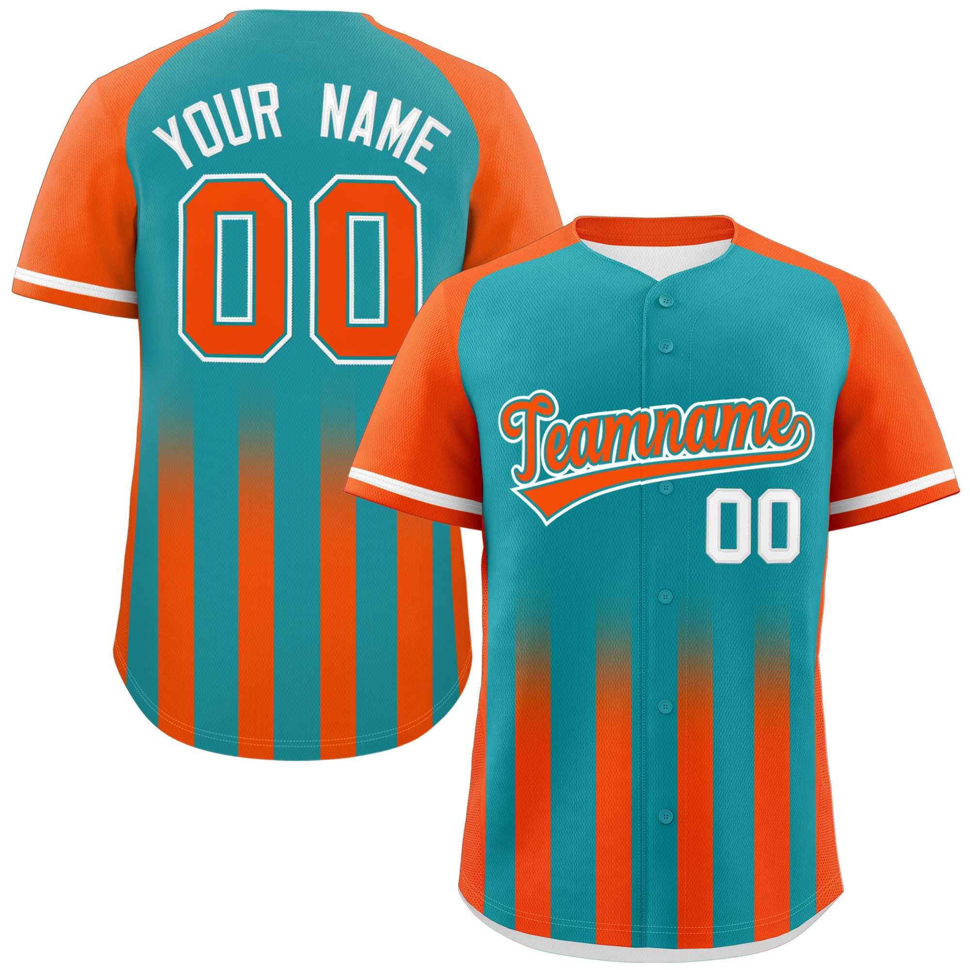 Custom Aqua Orange Raglan Sleeves Gradient Thick Stripe Authentic Baseball Jersey