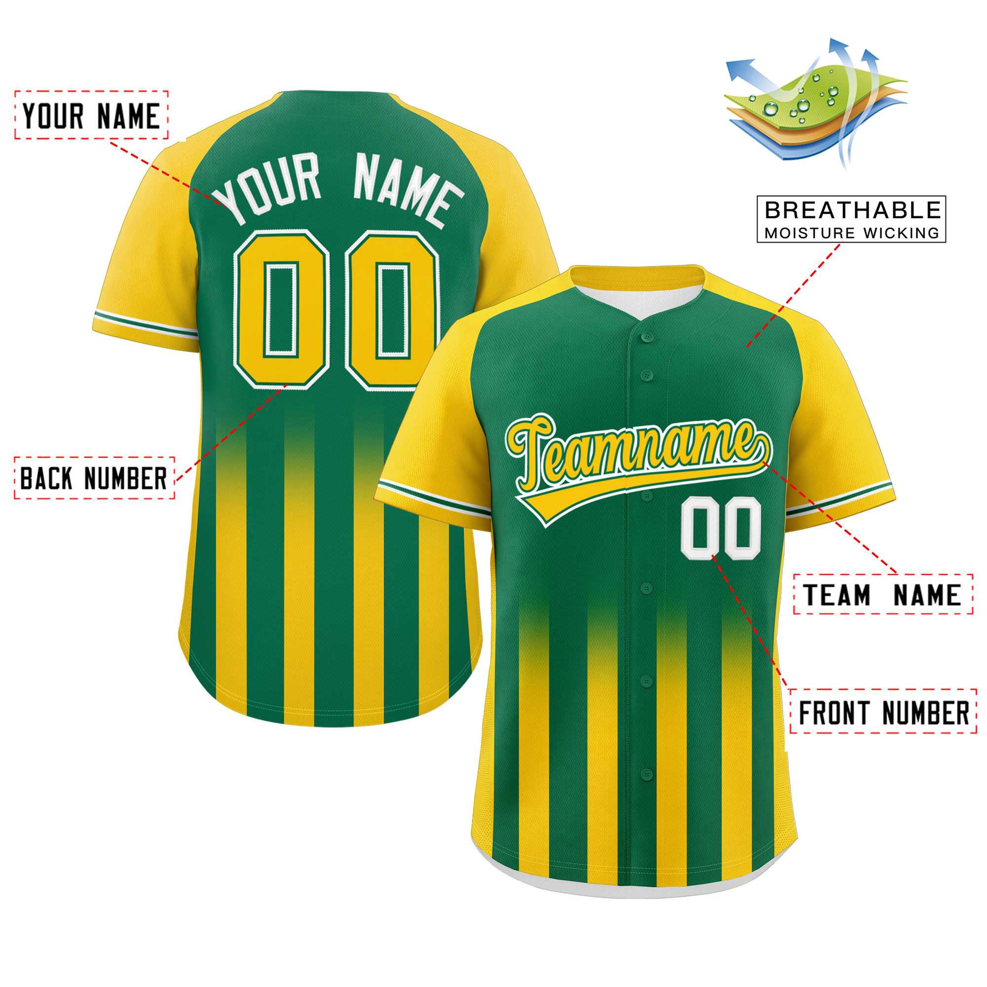 Custom Kelly Green Gold Raglan Sleeves Gradient Thick Stripe Authentic Baseball Jersey