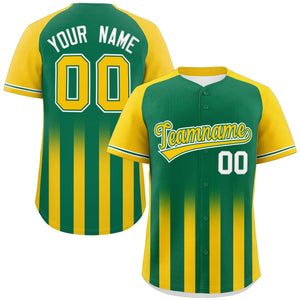 Custom Kelly Green Gold Raglan Sleeves Gradient Thick Stripe Authentic Baseball Jersey