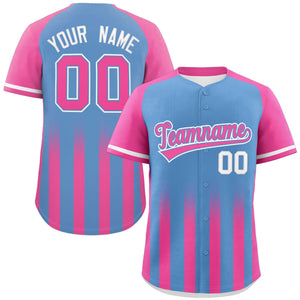 Custom Light Blue Pink Raglan Sleeves Gradient Thick Stripe Authentic Baseball Jersey