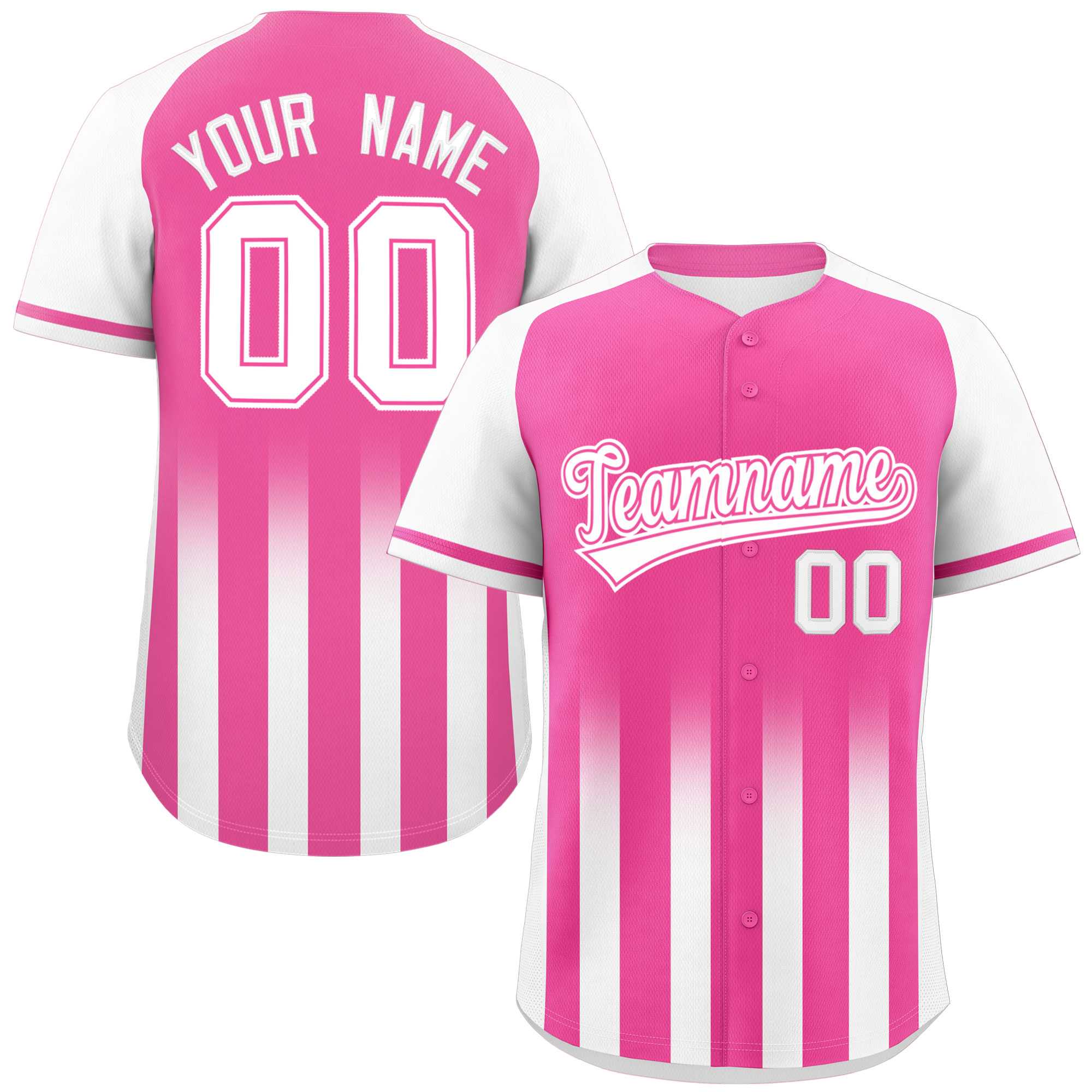 Custom Pink White Raglan Sleeves Gradient Thick Stripe Authentic Baseball Jersey