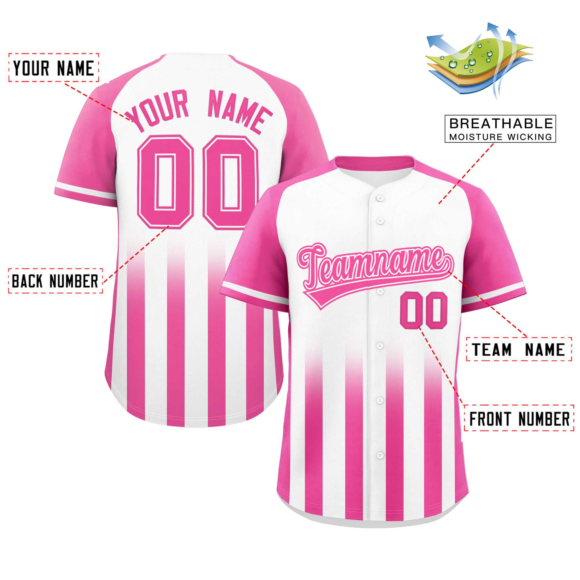 Custom White Pink Raglan Sleeves Gradient Thick Stripe Authentic Baseball Jersey