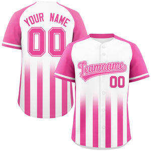 Custom White Pink Raglan Sleeves Gradient Thick Stripe Authentic Baseball Jersey