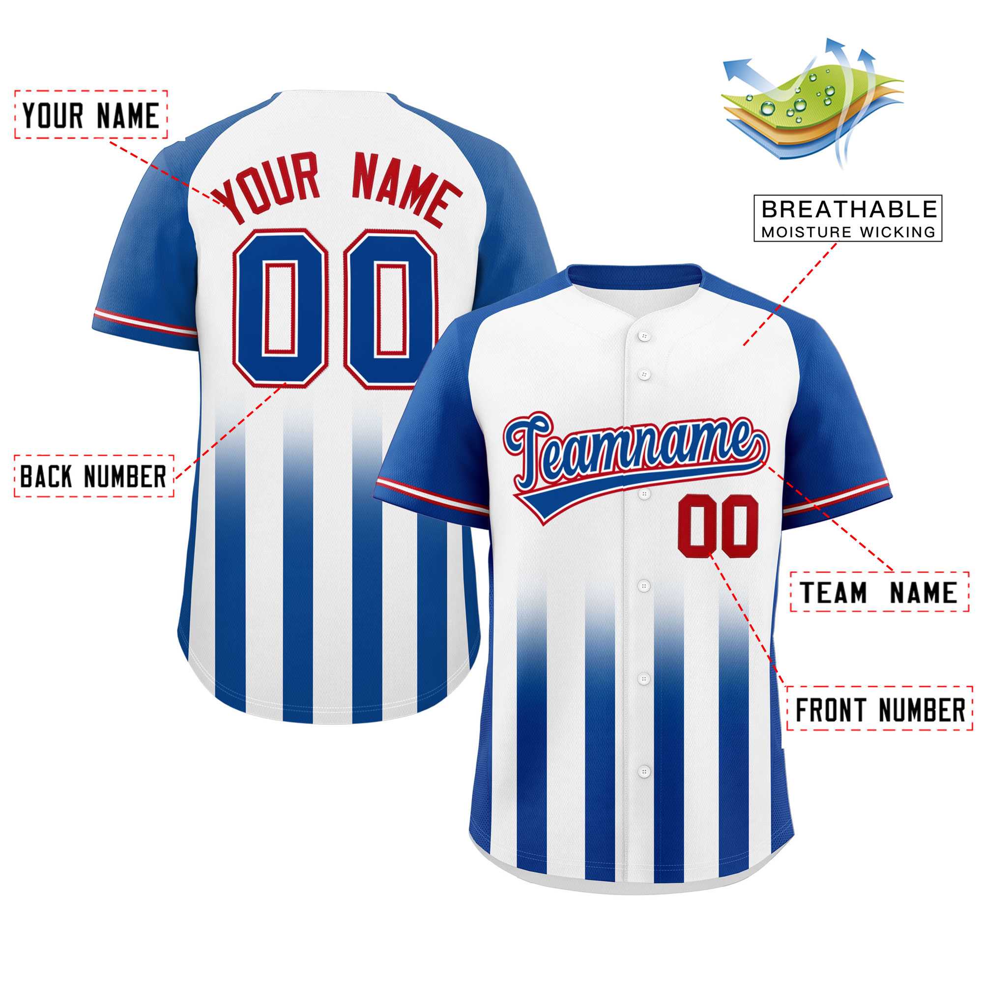 Custom White Royal Raglan Sleeves Gradient Thick Stripe Authentic Baseball Jersey