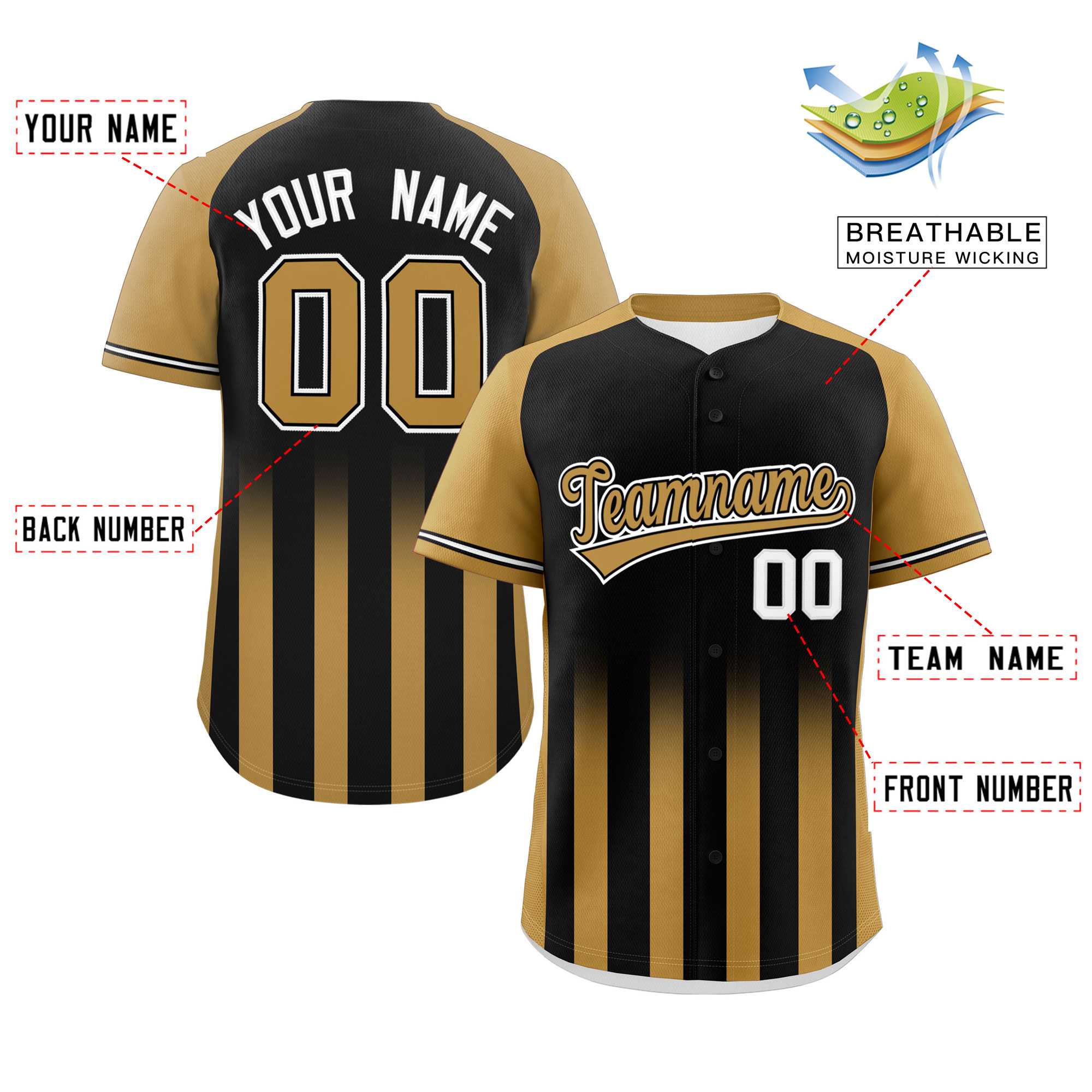 Custom Black Old Gold Raglan Sleeves Gradient Thick Stripe Authentic Baseball Jersey