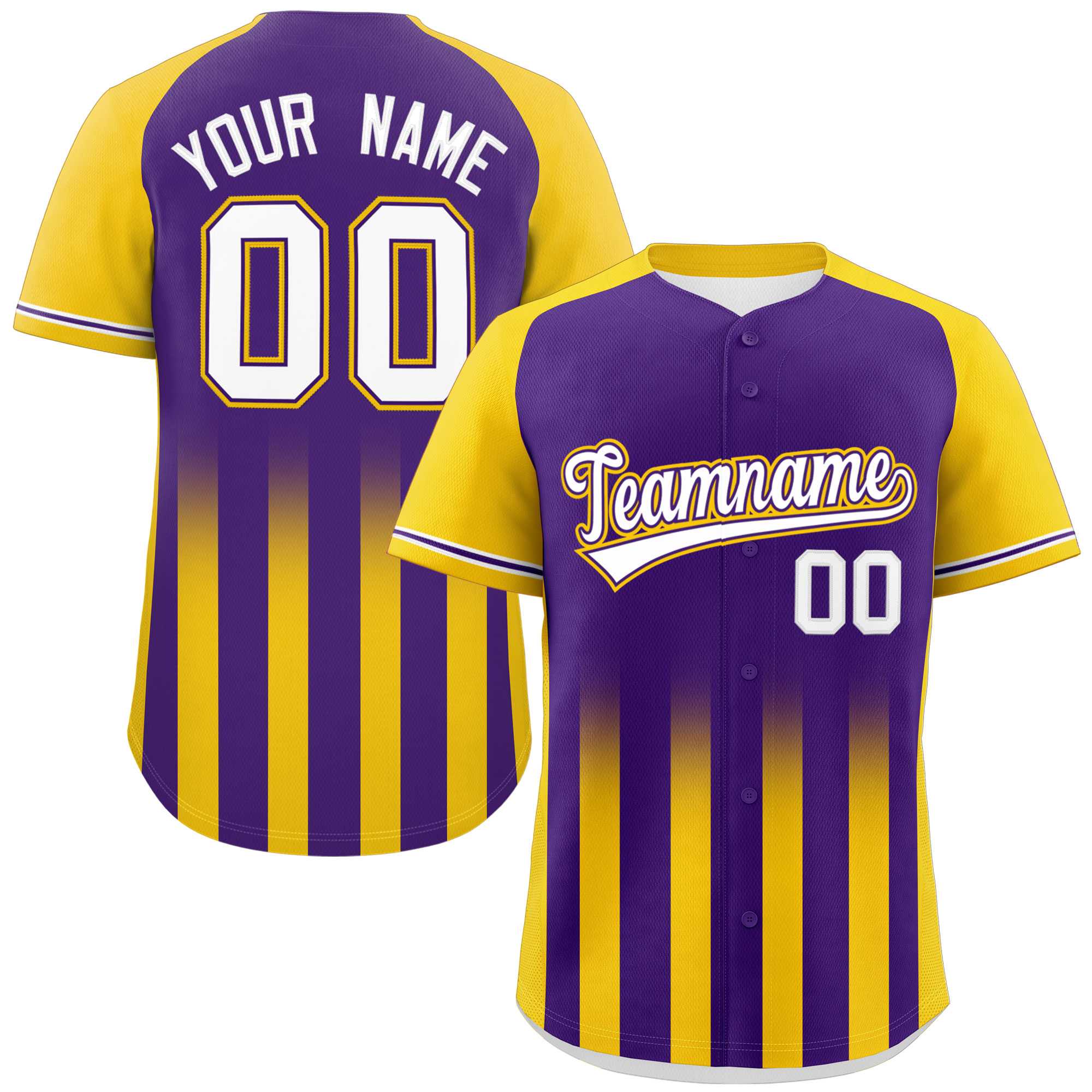 Custom Purple Gold Raglan Sleeves Gradient Thick Stripe Authentic Baseball Jersey