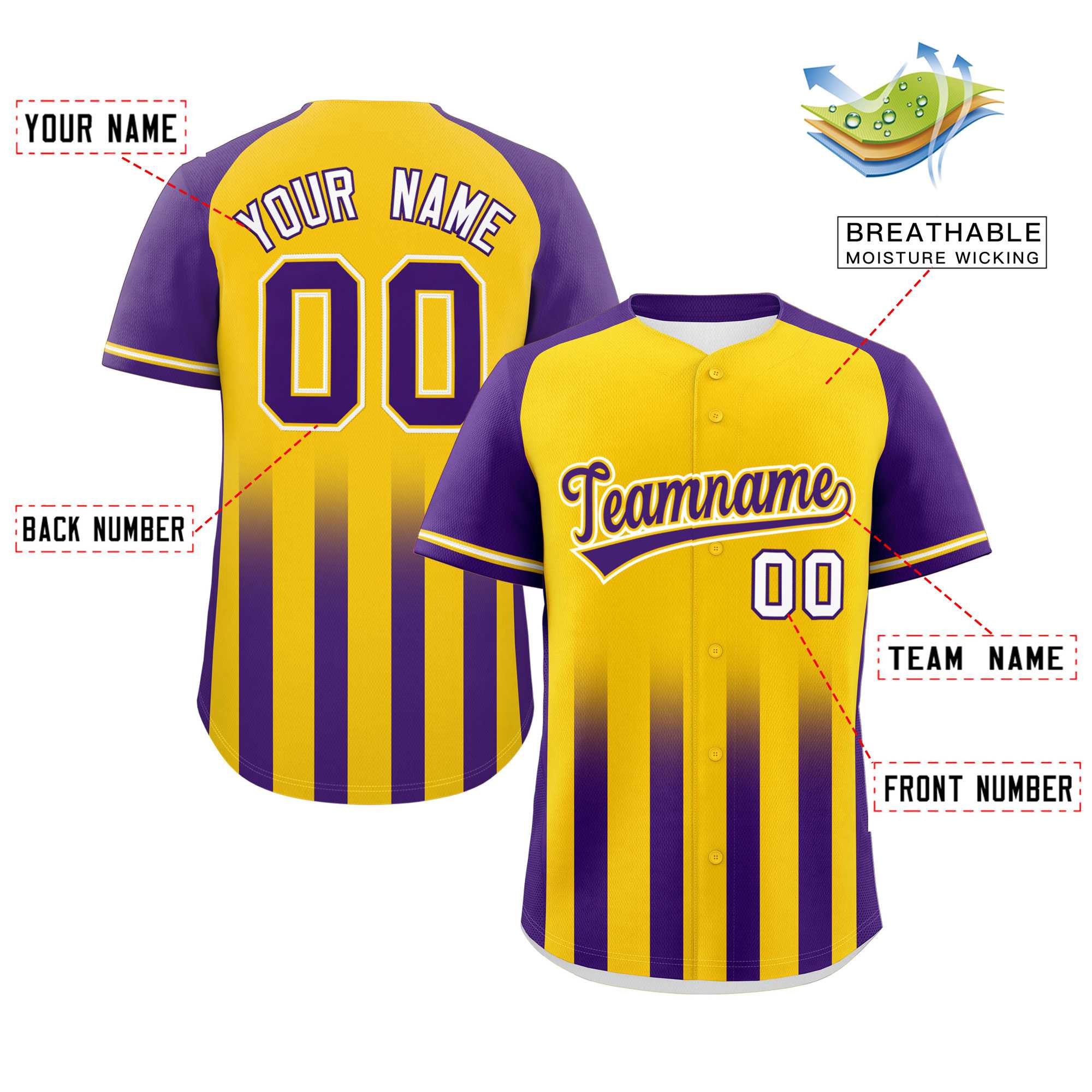 Custom Gold Purple Raglan Sleeves Gradient Thick Stripe Authentic Baseball Jersey