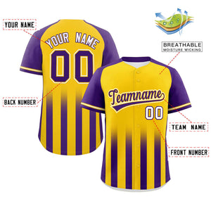 Custom Gold Purple Raglan Sleeves Gradient Thick Stripe Authentic Baseball Jersey