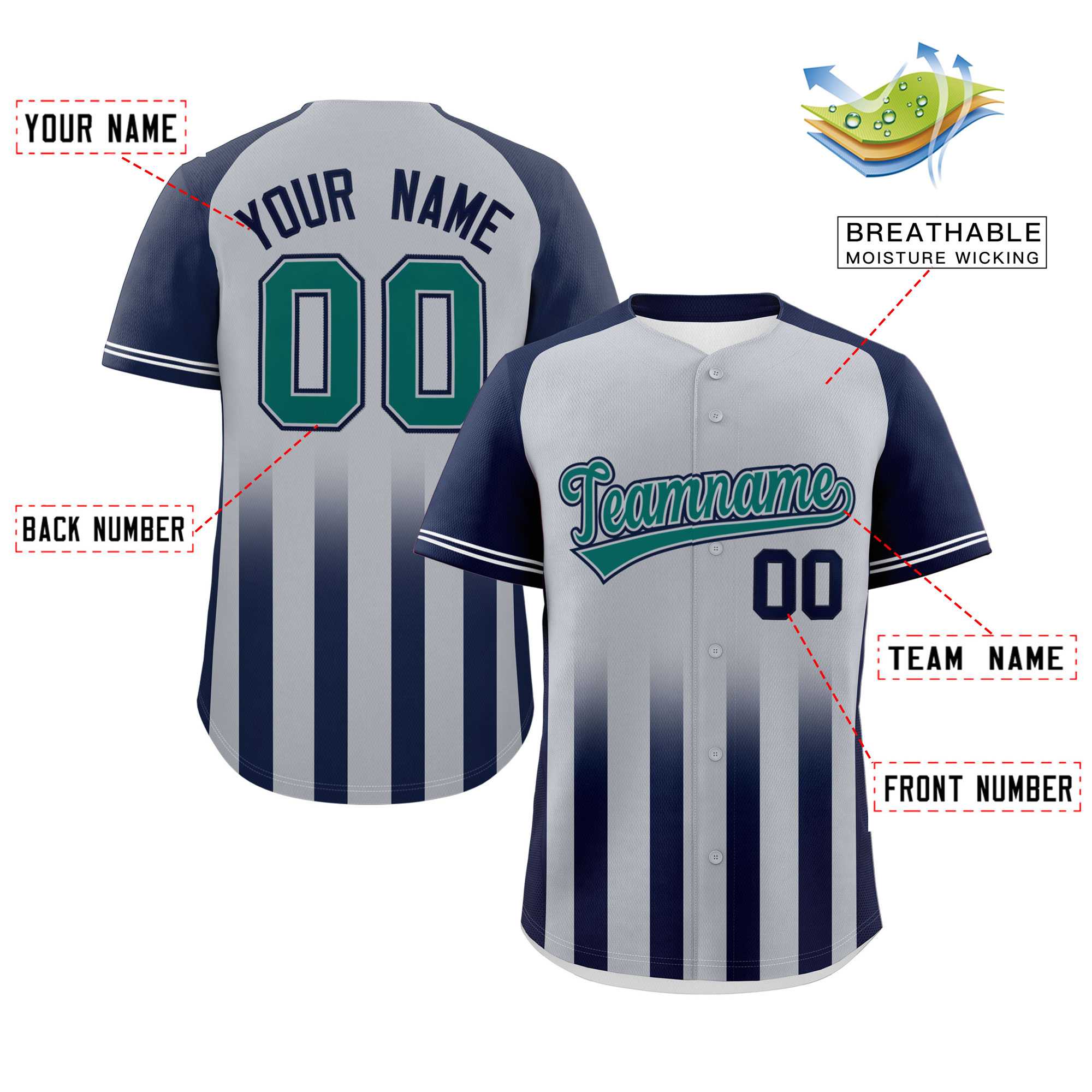 Custom Gray Navy Raglan Sleeves Gradient Thick Stripe Authentic Baseball Jersey