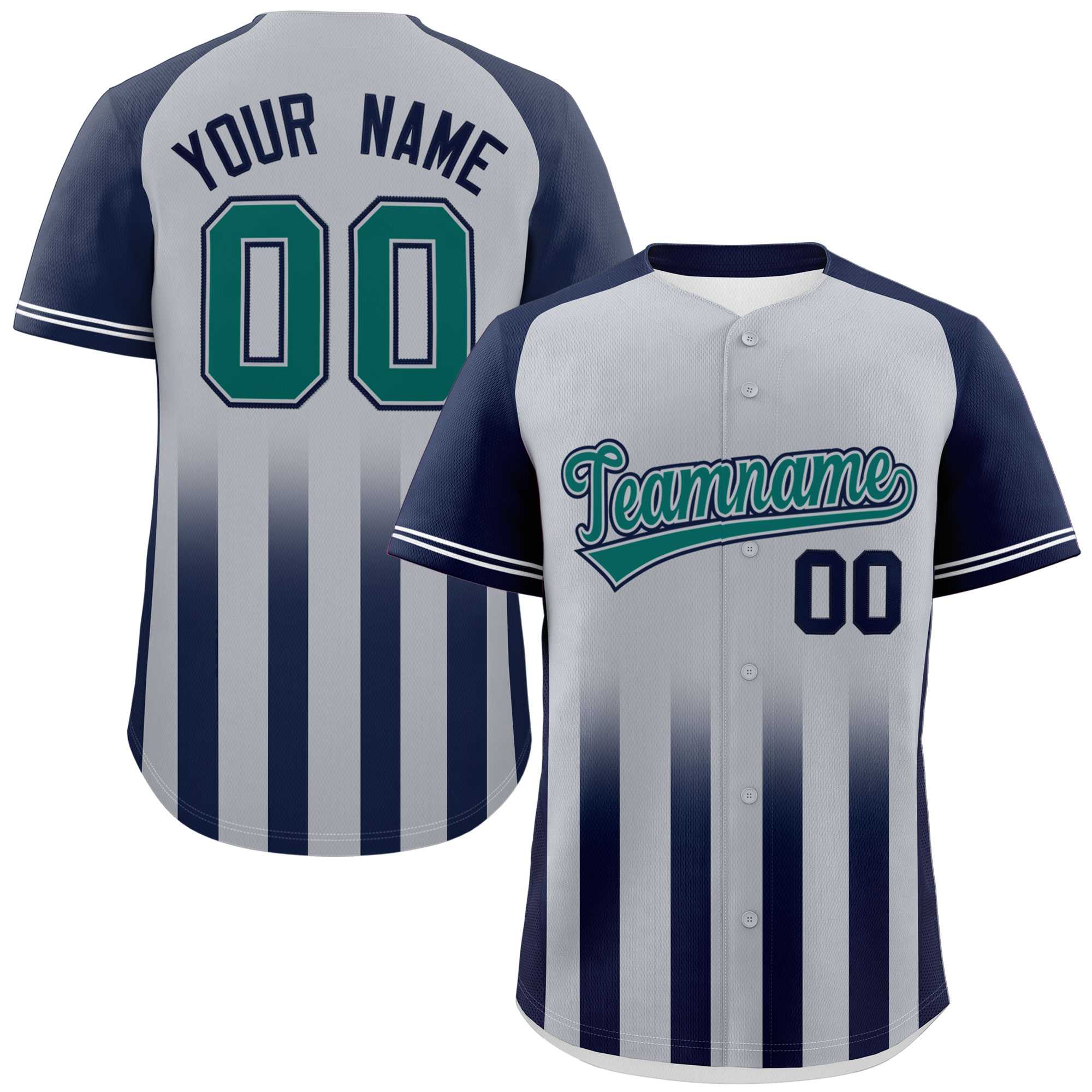 Custom Gray Navy Raglan Sleeves Gradient Thick Stripe Authentic Baseball Jersey