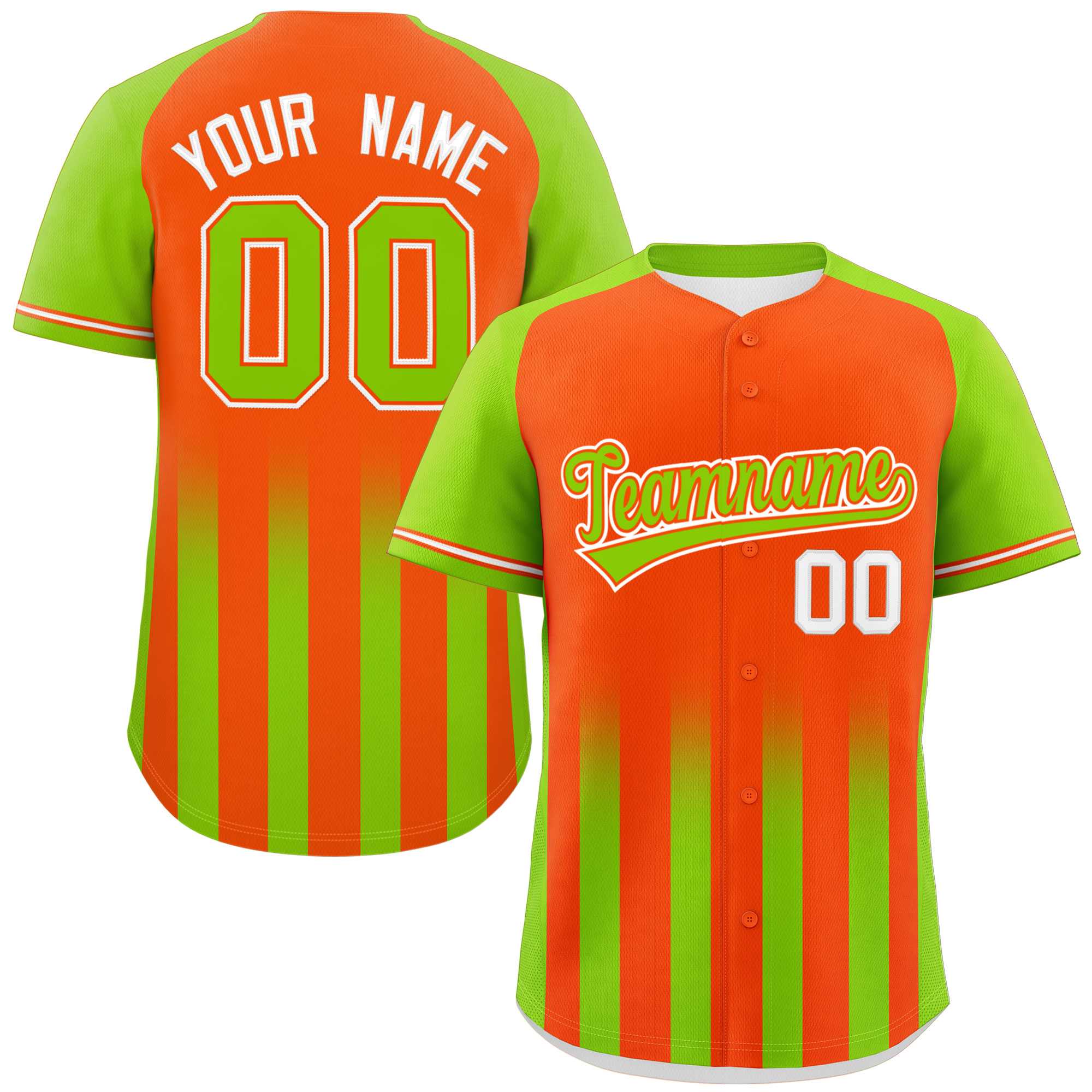 Custom Orange Neon Green Raglan Sleeves Gradient Thick Stripe Authentic Baseball Jersey