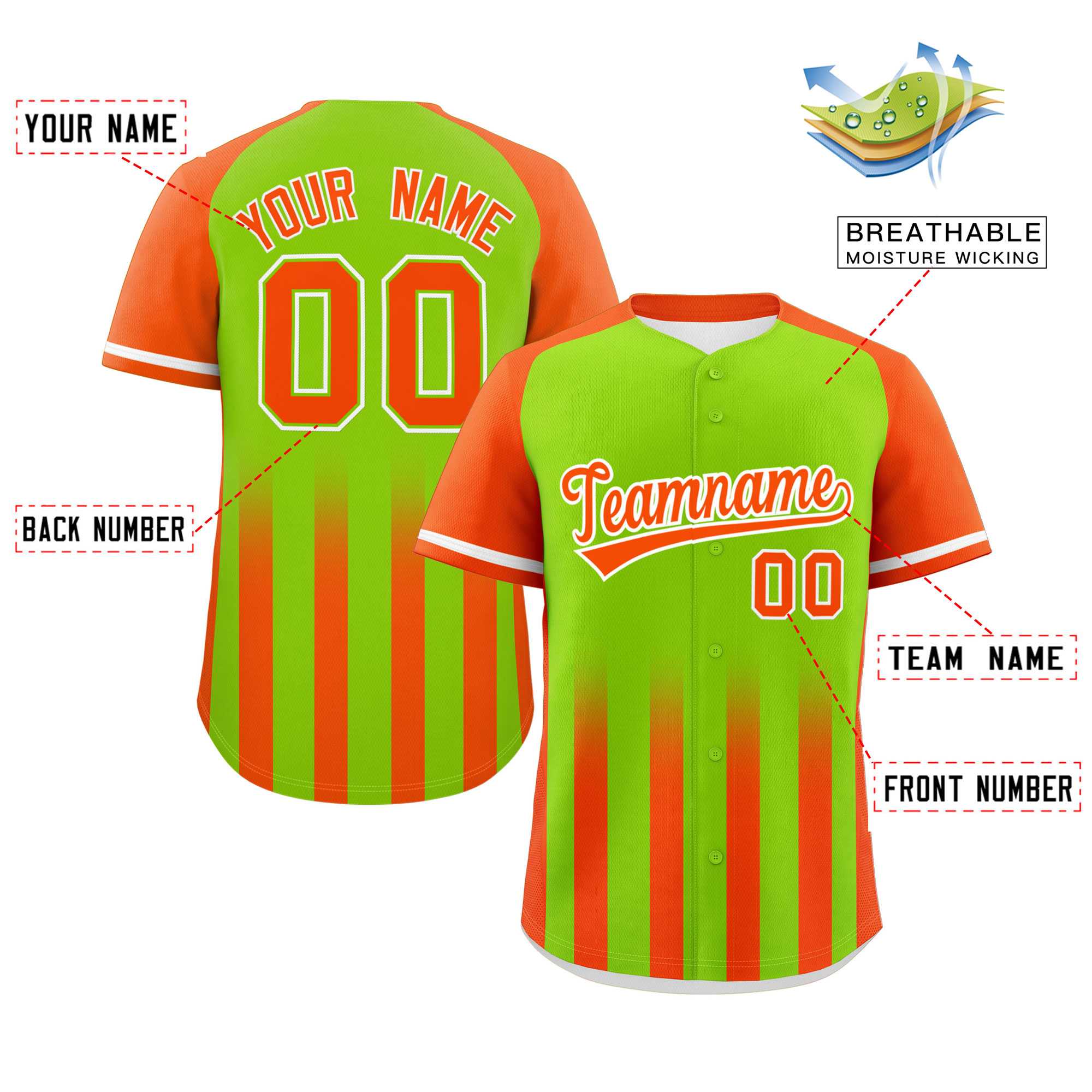 Custom Neon Green Orange Raglan Sleeves Gradient Thick Stripe Authentic Baseball Jersey