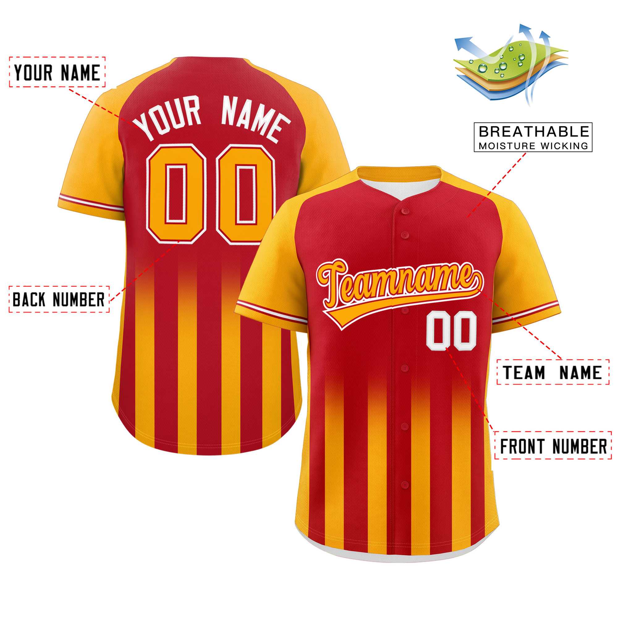 Custom Red Yellow Raglan Sleeves Gradient Thick Stripe Authentic Baseball Jersey