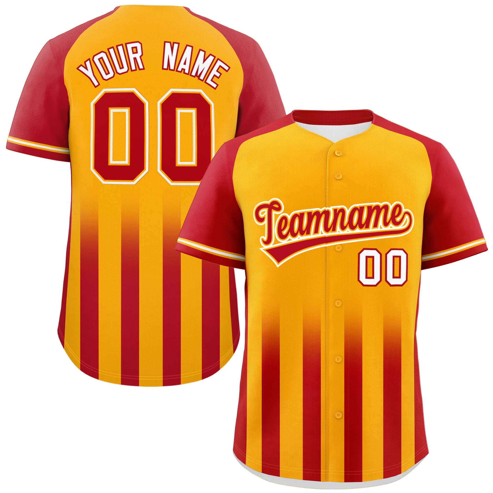 Custom Yellow Red Raglan Sleeves Gradient Thick Stripe Authentic Baseball Jersey