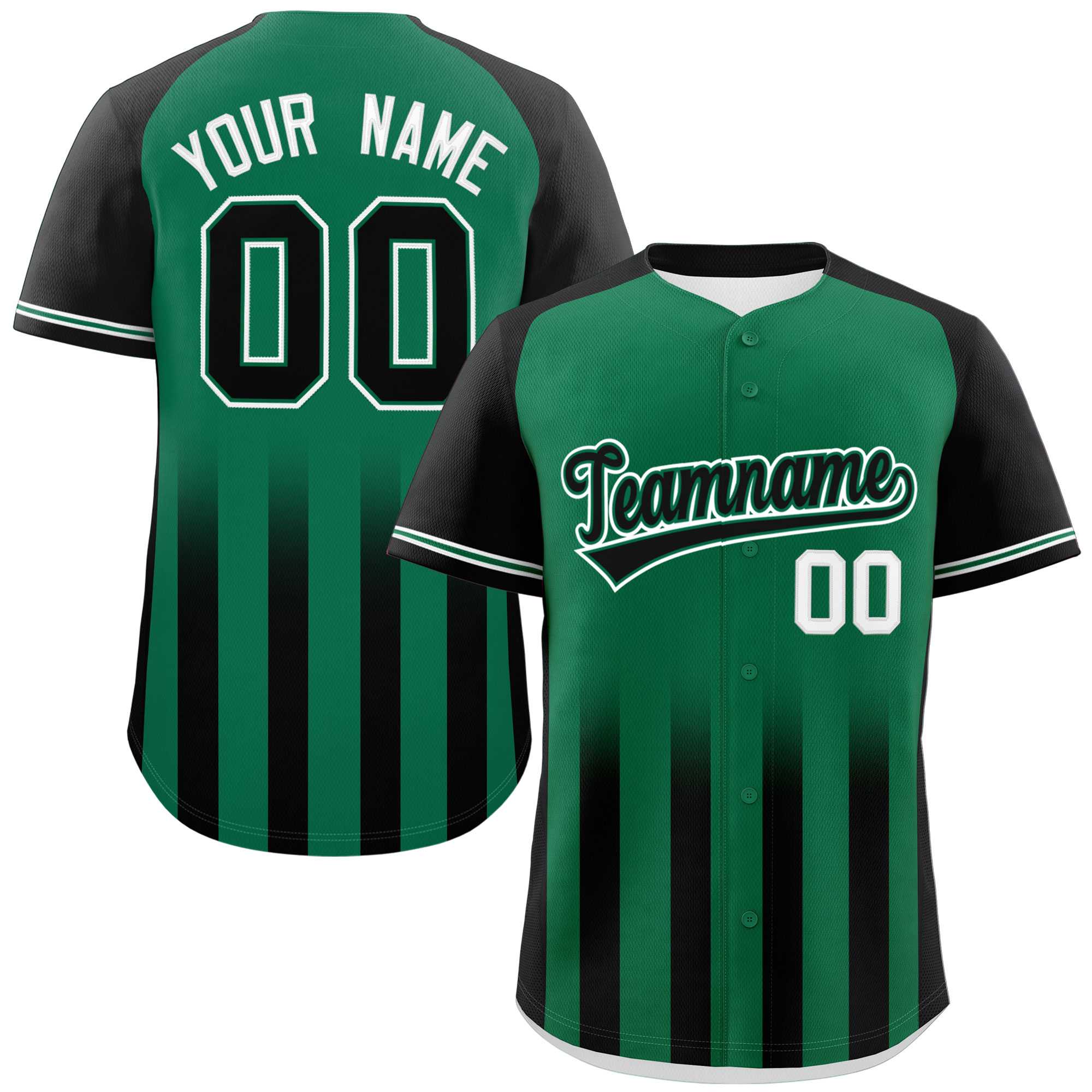 Custom Kelly Green Black Raglan Sleeves Gradient Thick Stripe Authentic Baseball Jersey