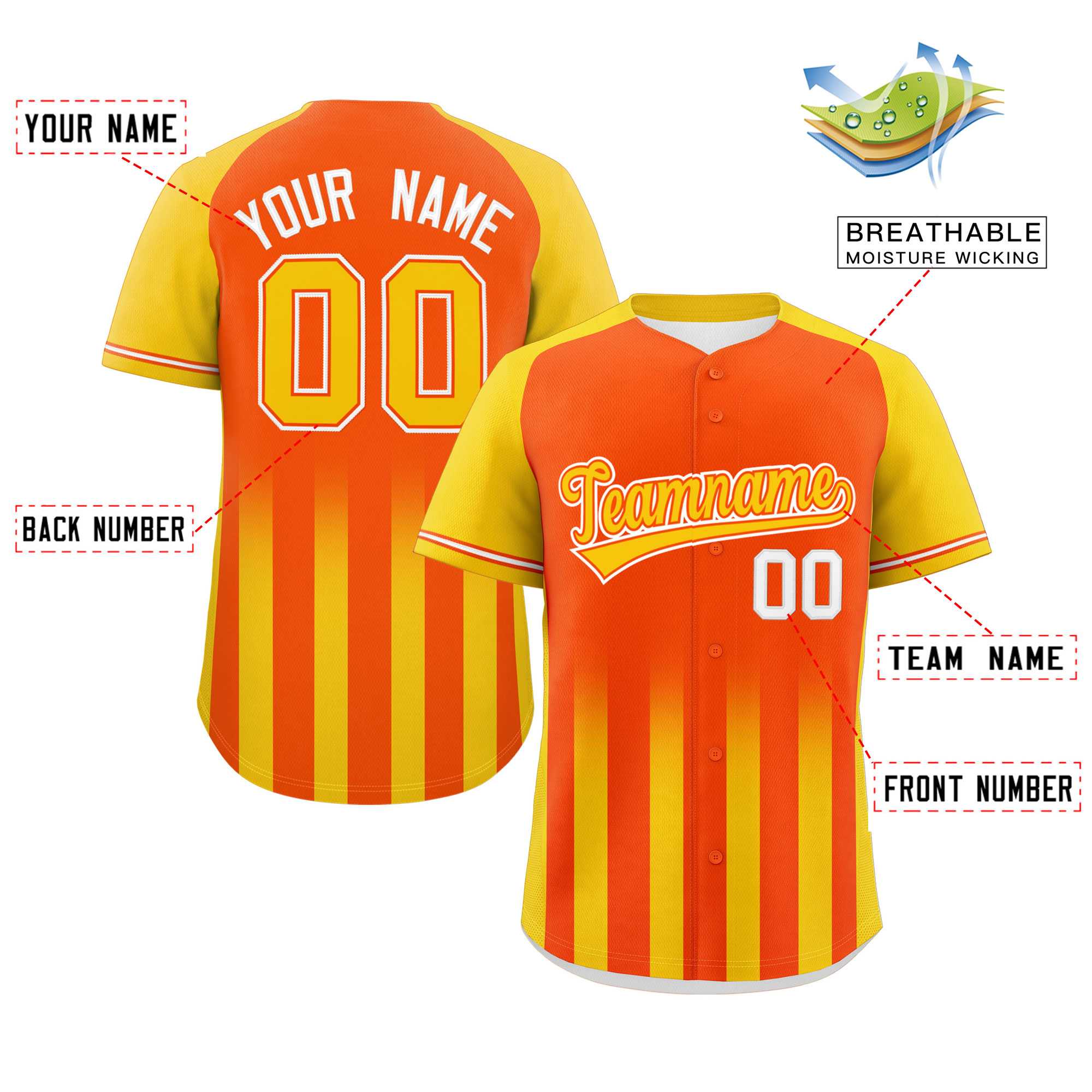 Custom Orange Gold Raglan Sleeves Gradient Thick Stripe Authentic Baseball Jersey