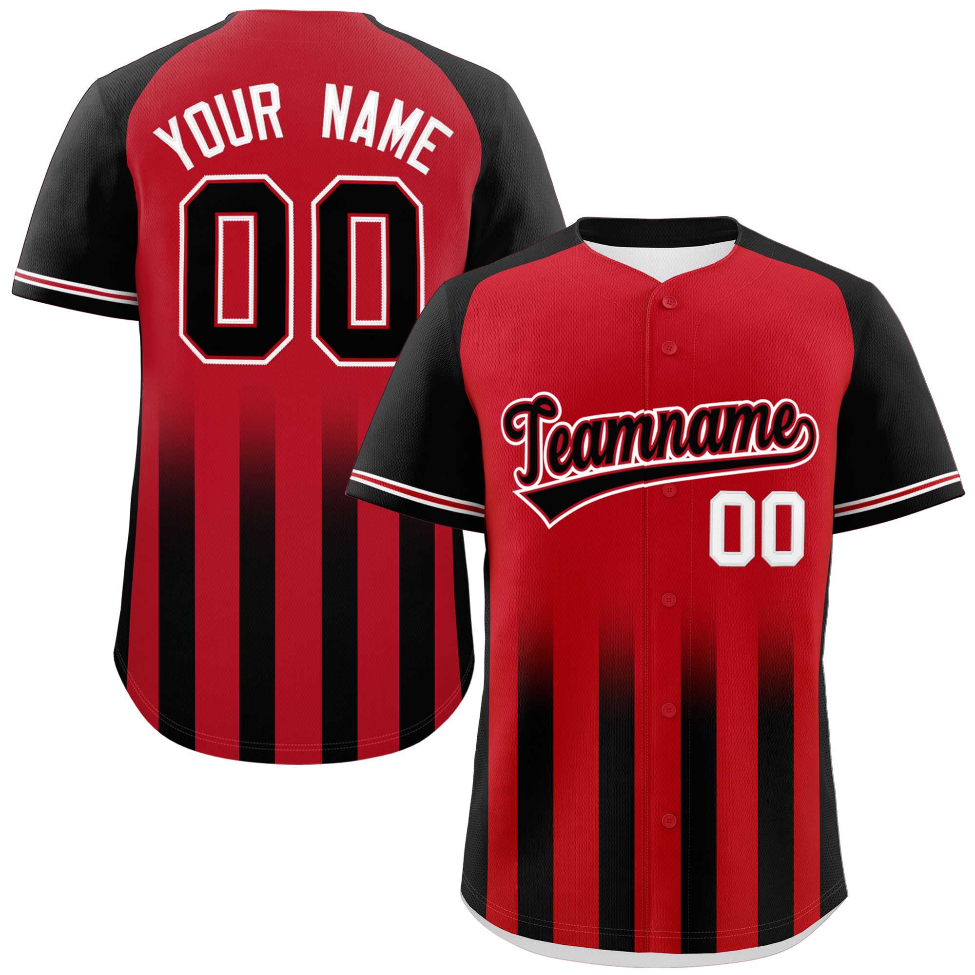 Custom Red Black Raglan Sleeves Gradient Thick Stripe Authentic Baseball Jersey