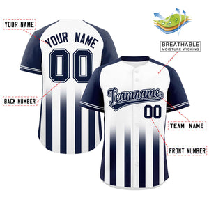 Custom White Navy Raglan Sleeves Gradient Thick Stripe Authentic Baseball Jersey