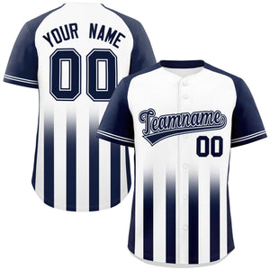 Custom White Navy Raglan Sleeves Gradient Thick Stripe Authentic Baseball Jersey