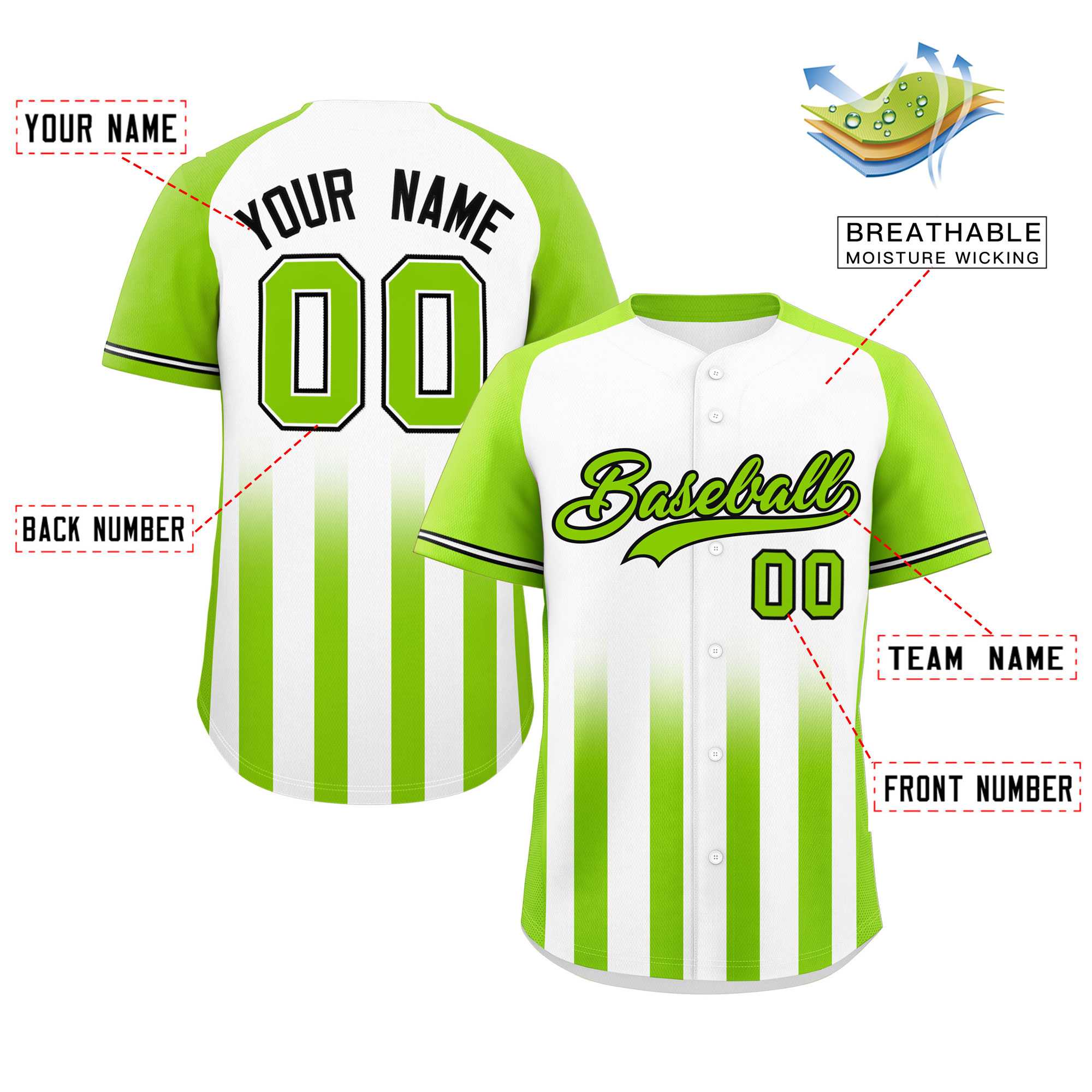 Custom White Neon Green Raglan Sleeves Gradient Thick Stripe Authentic Baseball Jersey