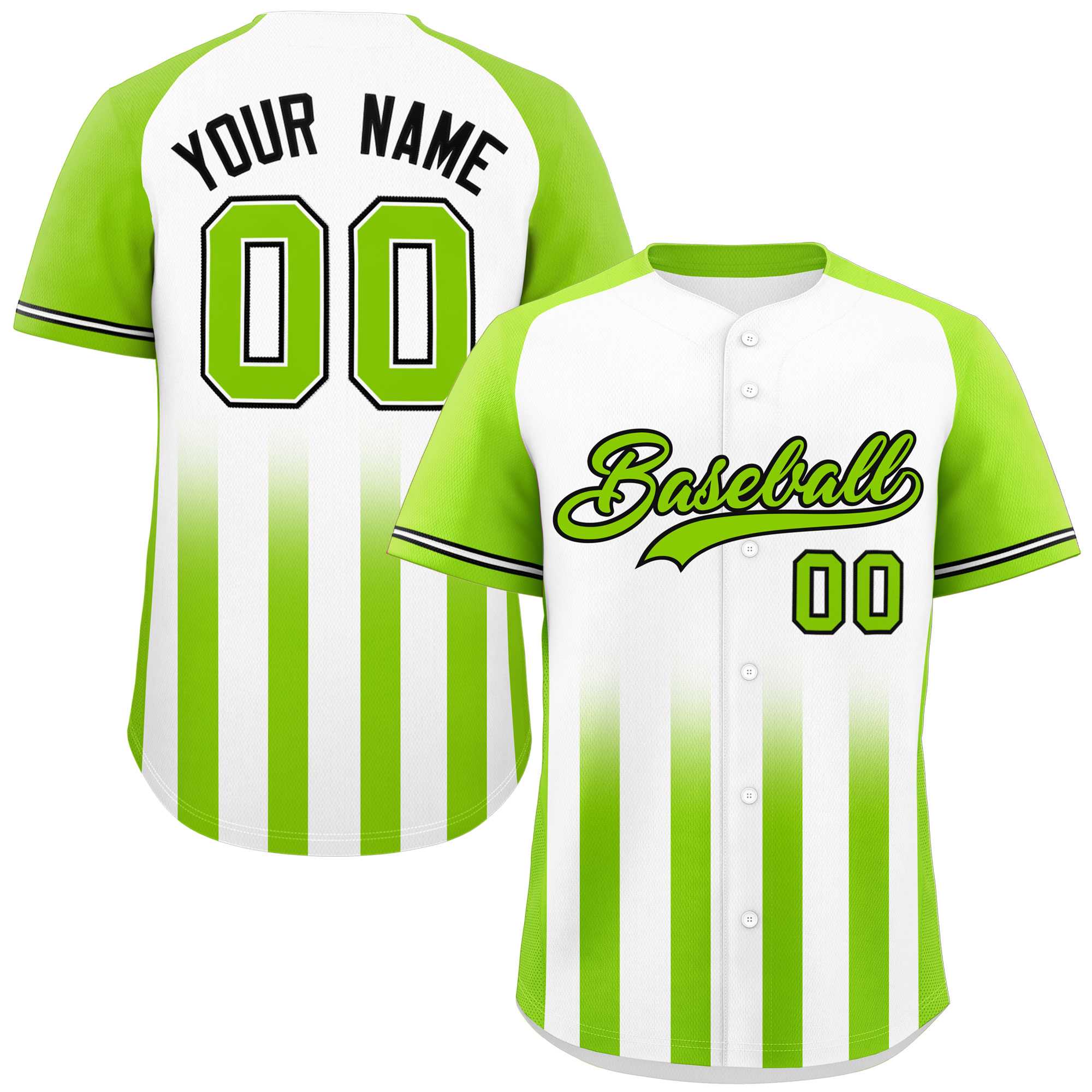 Custom White Neon Green Raglan Sleeves Gradient Thick Stripe Authentic Baseball Jersey