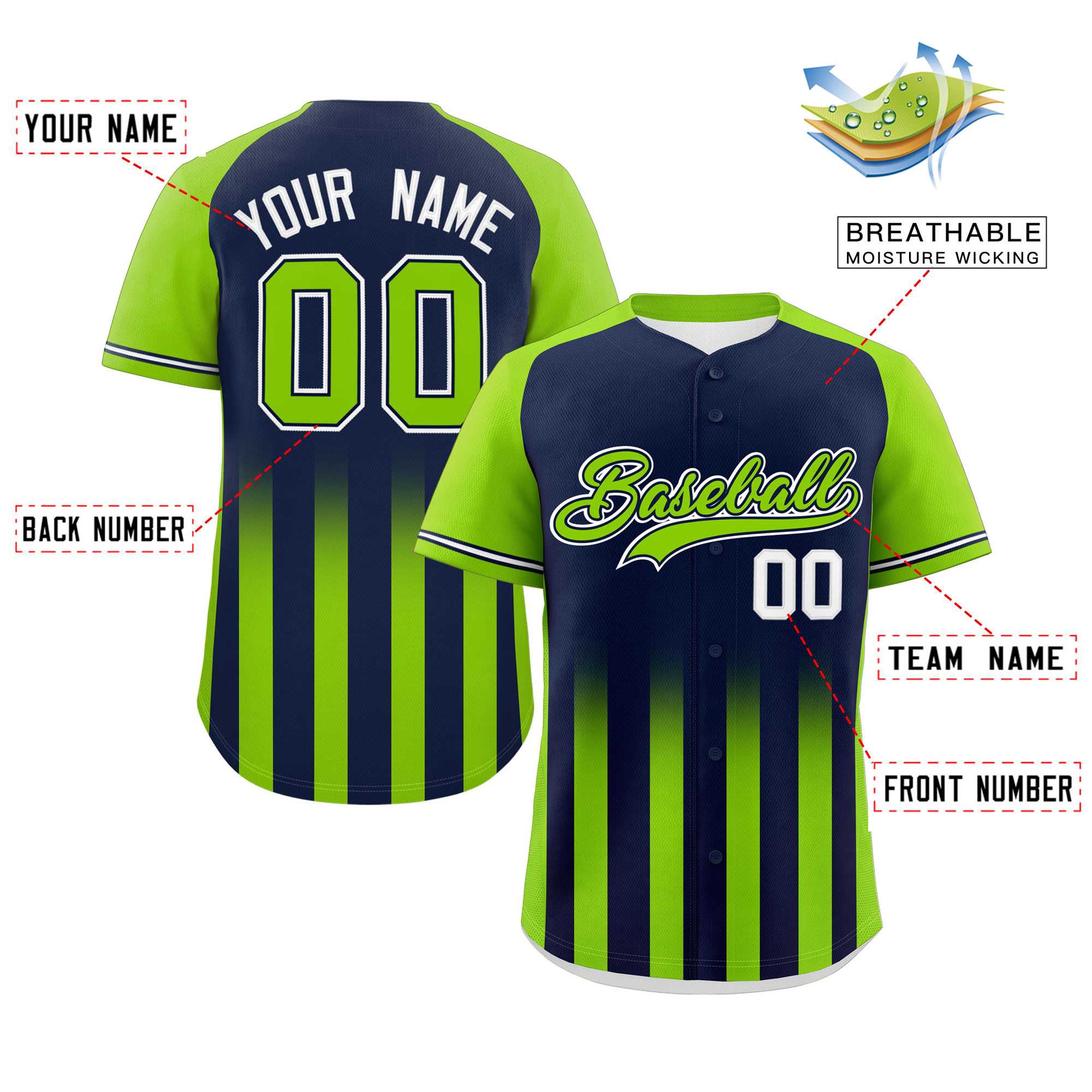 Custom Navy Neon Green Raglan Sleeves Gradient Thick Stripe Authentic Baseball Jersey