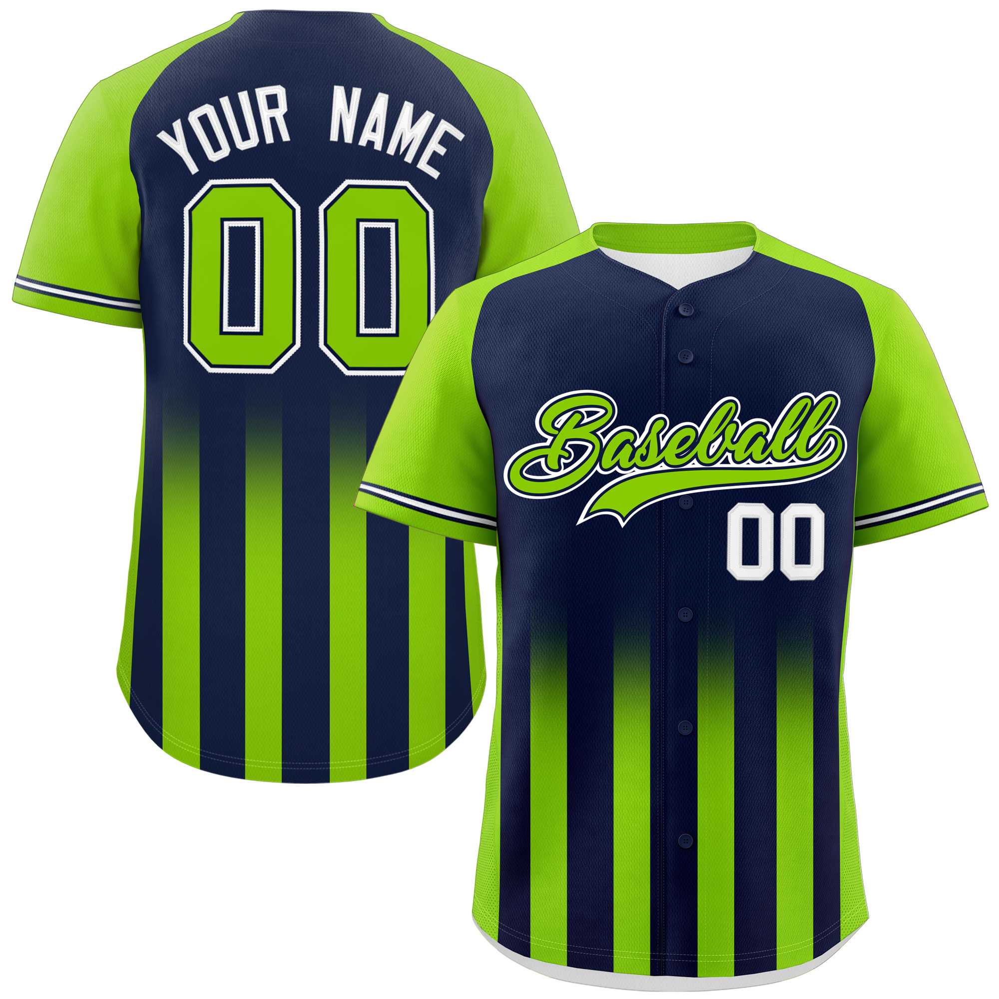 Custom Navy Neon Green Raglan Sleeves Gradient Thick Stripe Authentic Baseball Jersey