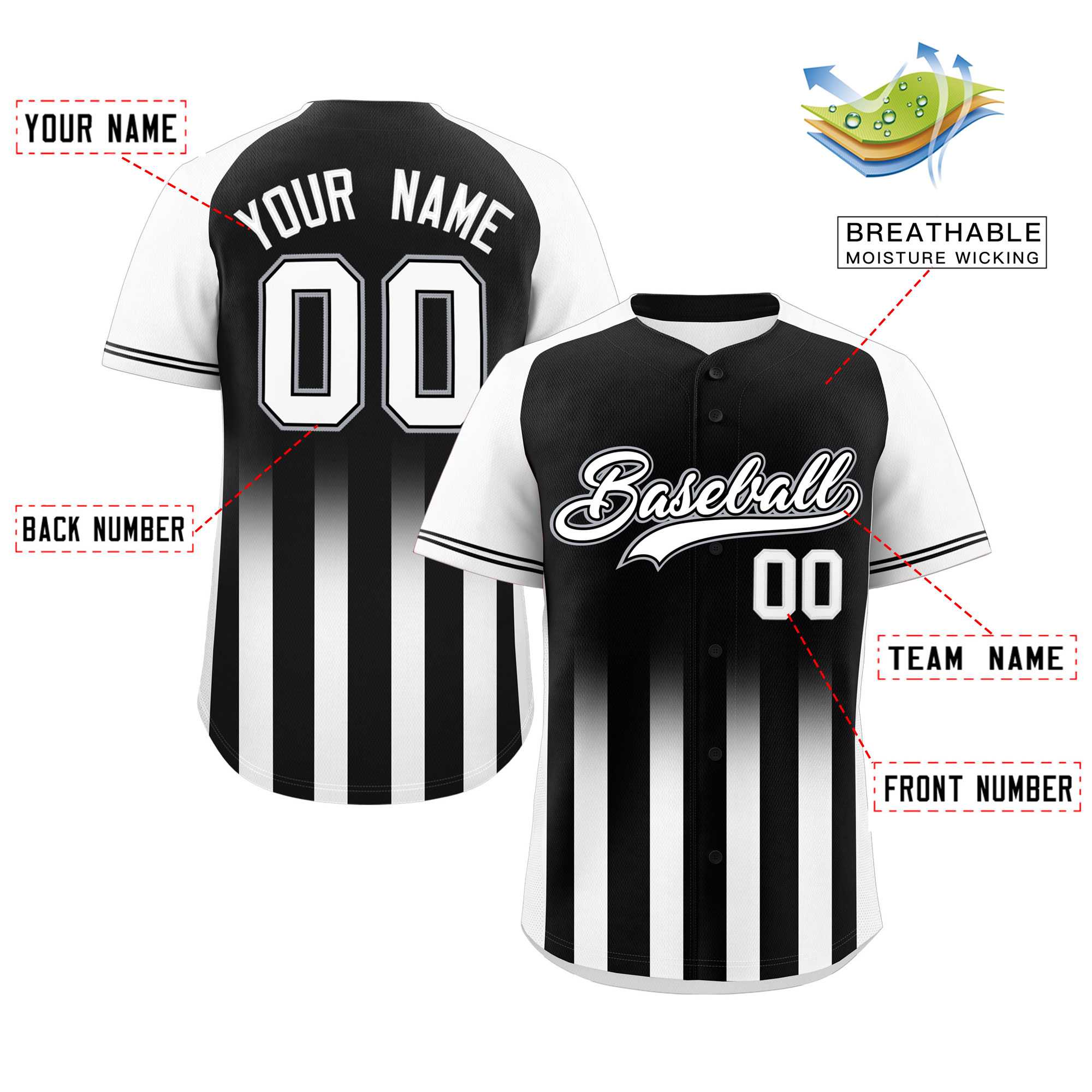 Custom Black White Raglan Sleeves Gradient Thick Stripe Authentic Baseball Jersey