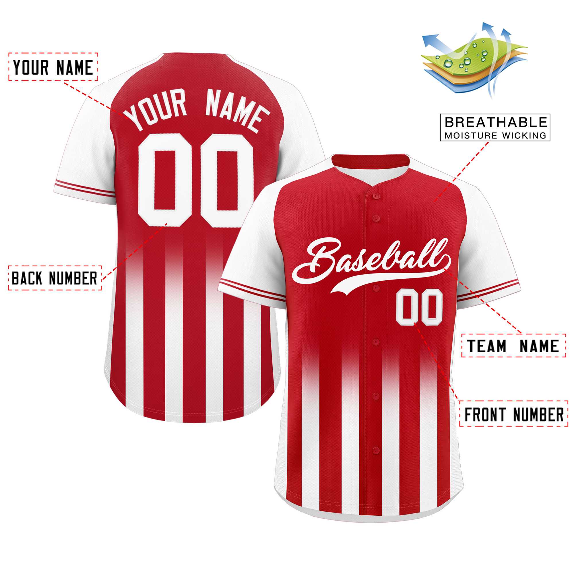 Custom Red White Raglan Sleeves Gradient Thick Stripe Authentic Baseball Jersey