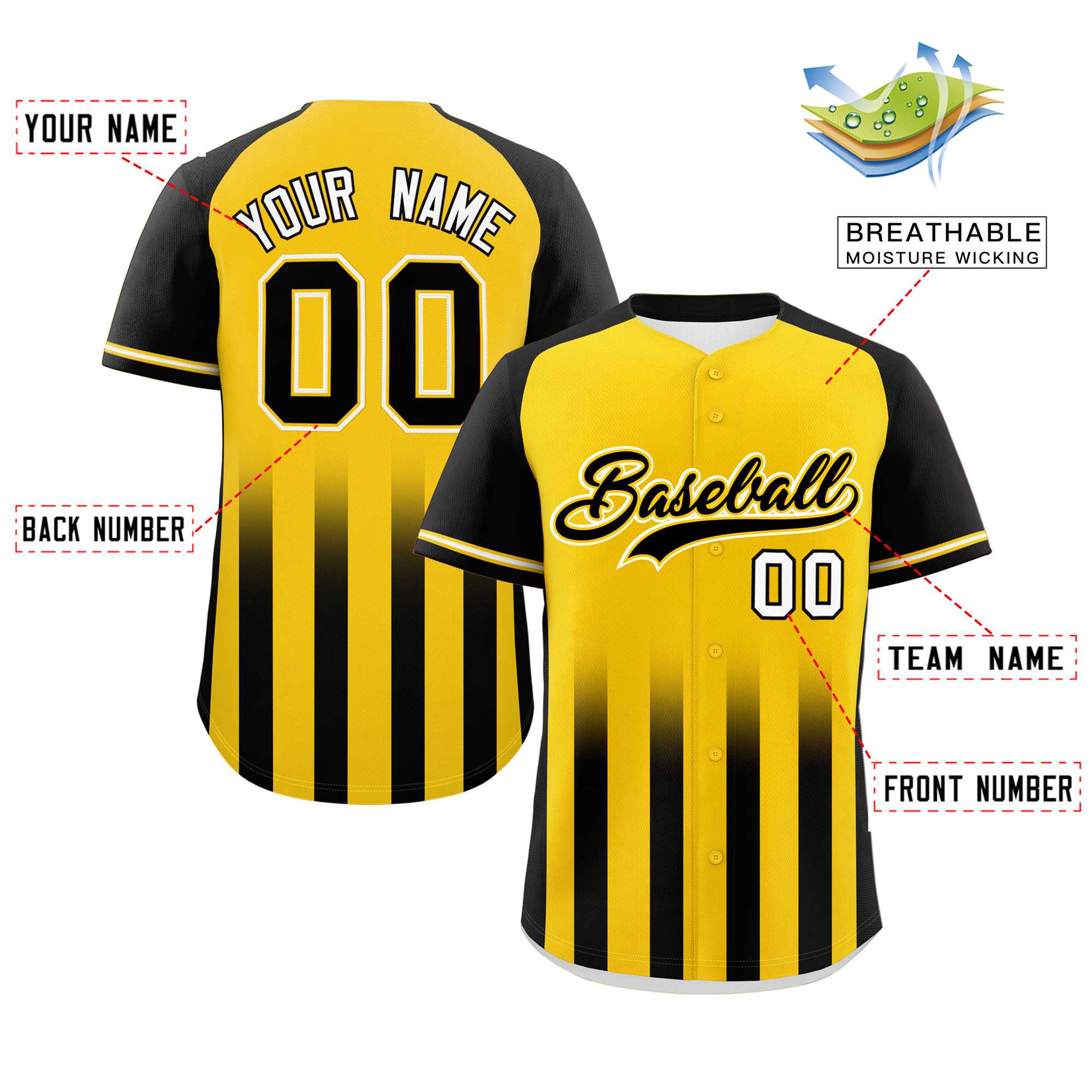 Custom Gold Black Raglan Sleeves Gradient Thick Stripe Authentic Baseball Jersey