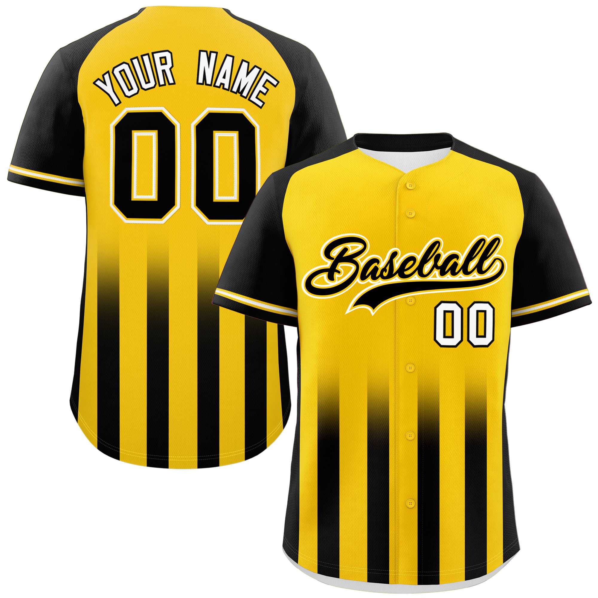 Custom Gold Black Raglan Sleeves Gradient Thick Stripe Authentic Baseball Jersey