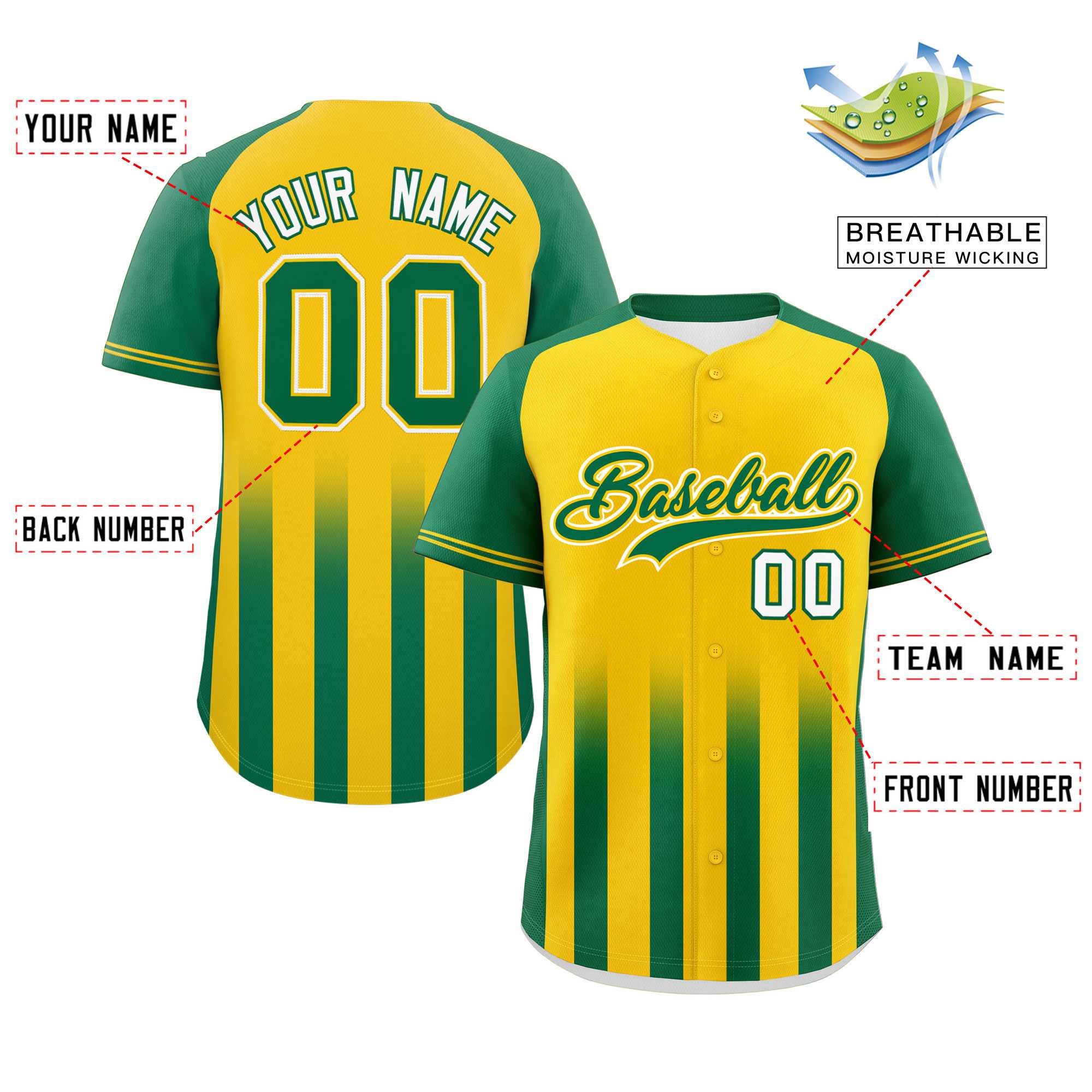 Custom Gold Kelly Green Raglan Sleeves Gradient Thick Stripe Authentic Baseball Jersey