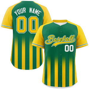 Custom Kelly Green Gold Raglan Sleeves Gradient Thick Stripe Authentic Baseball Jersey