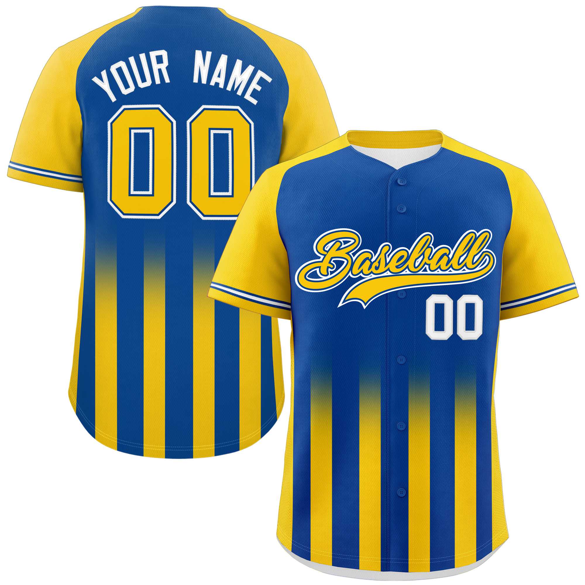 Custom Royal Gold Raglan Sleeves Gradient Thick Stripe Authentic Baseball Jersey