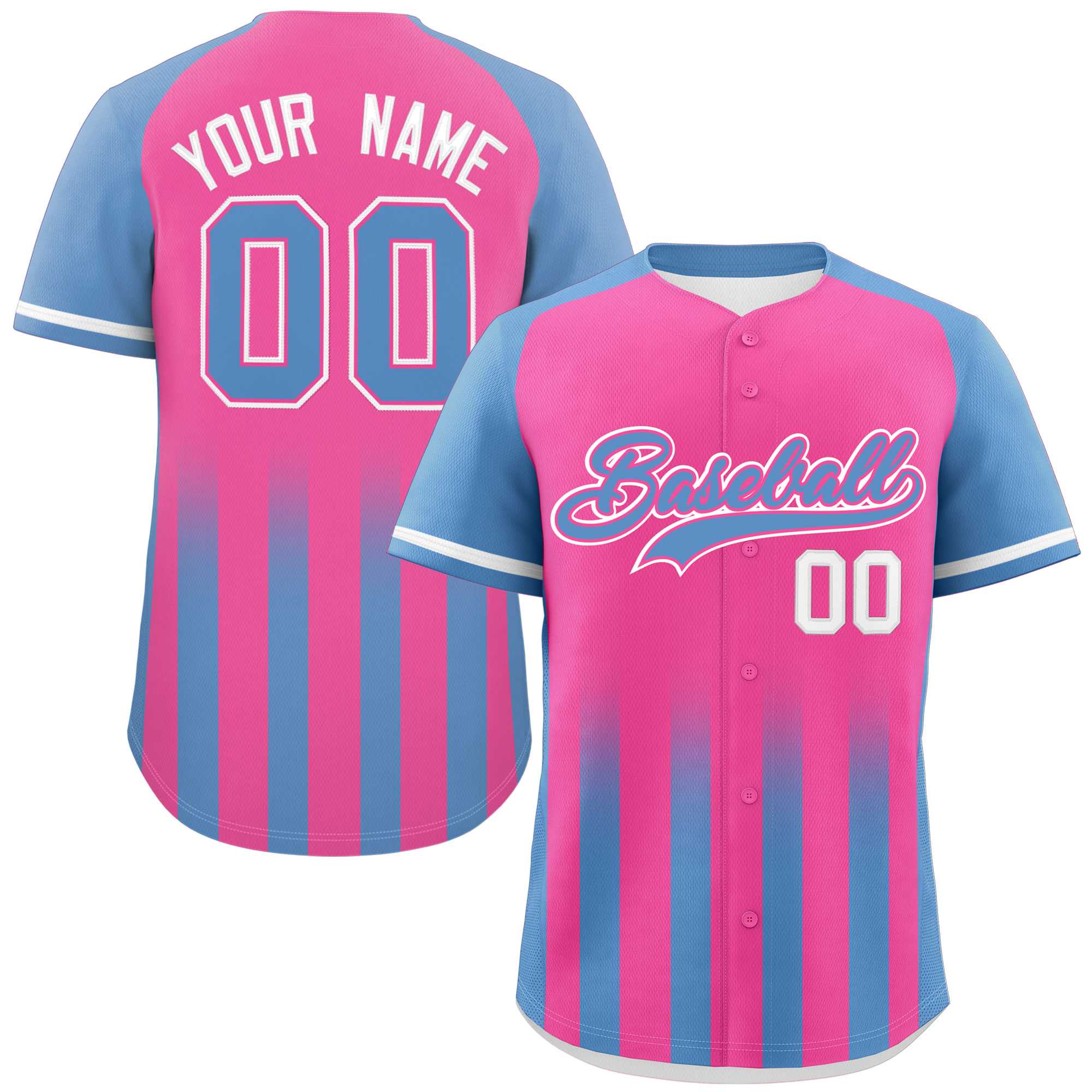 Custom Pink Light Blue Raglan Sleeves Gradient Thick Stripe Authentic Baseball Jersey