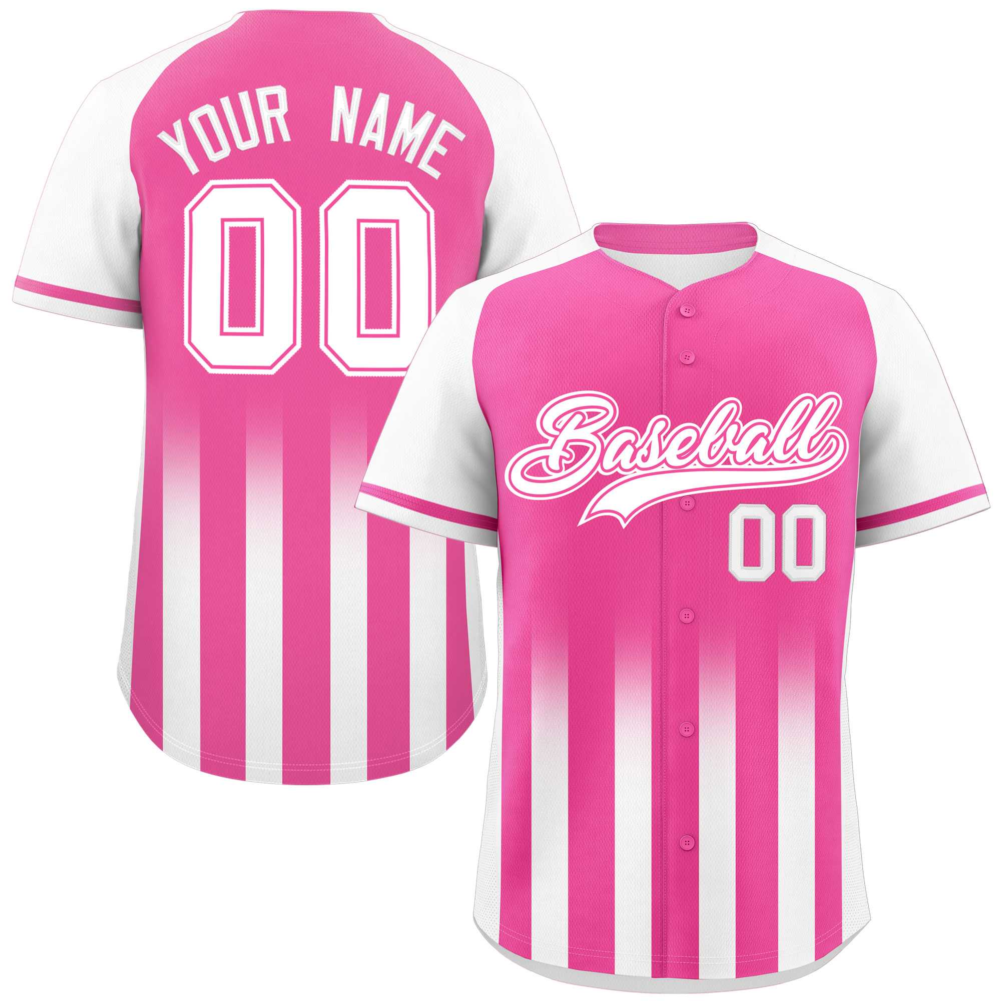 Custom Pink White Raglan Sleeves Gradient Thick Stripe Authentic Baseball Jersey