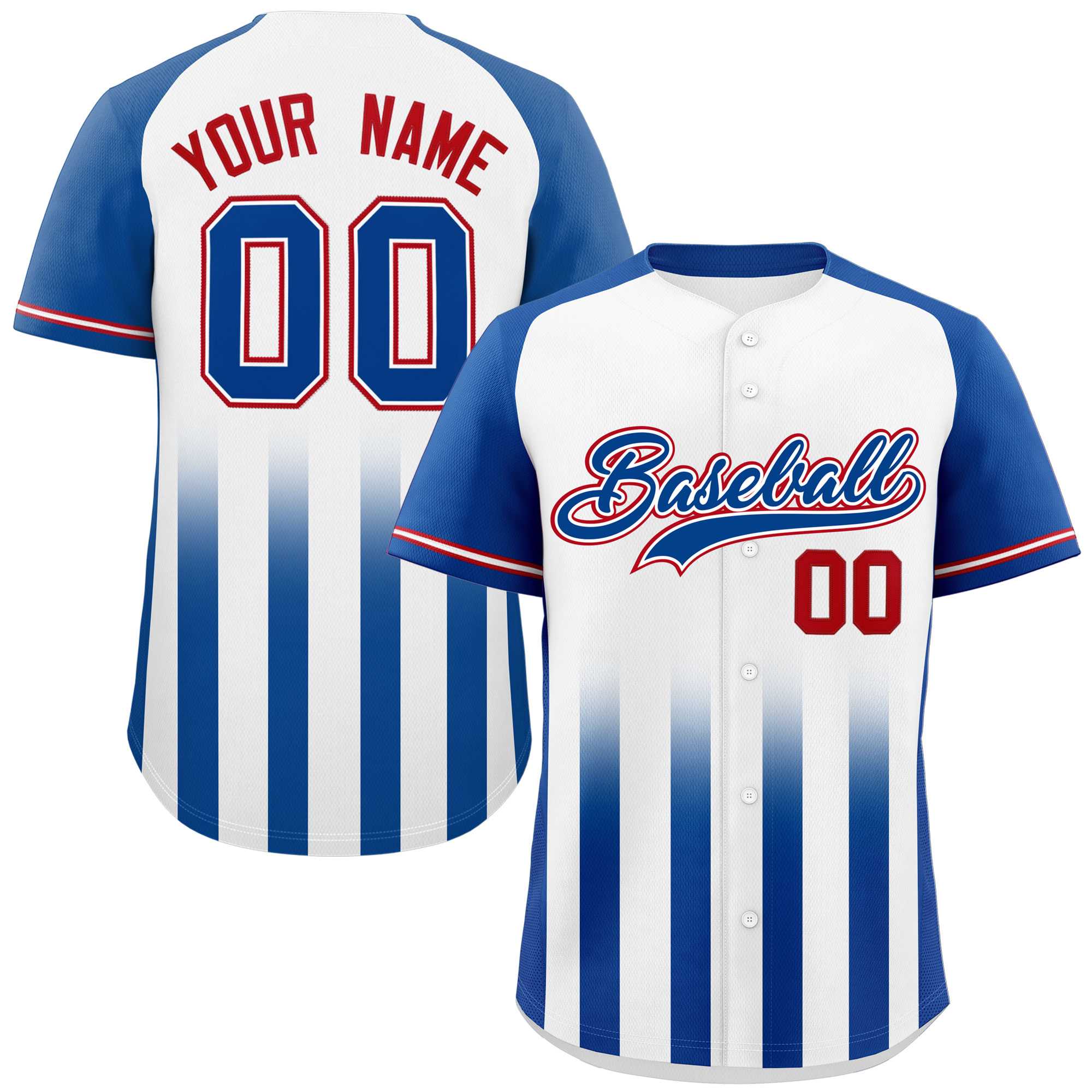 Custom White Royal Raglan Sleeves Gradient Thick Stripe Authentic Baseball Jersey