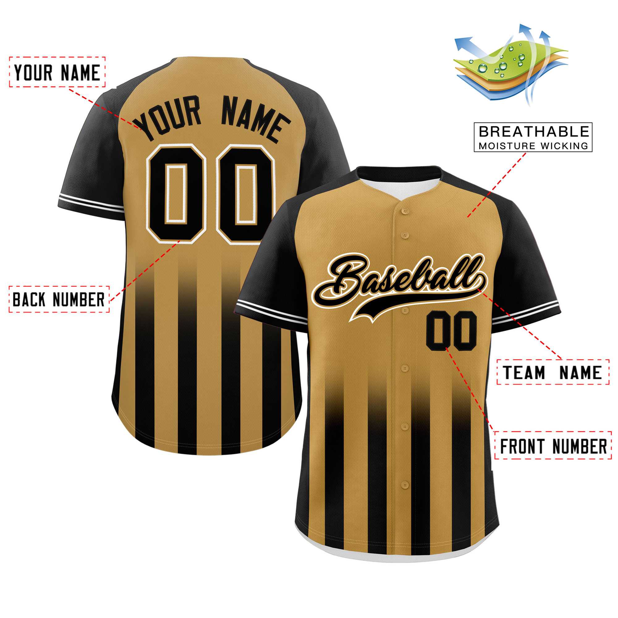 Custom Old Gold Black Raglan Sleeves Gradient Thick Stripe Authentic Baseball Jersey