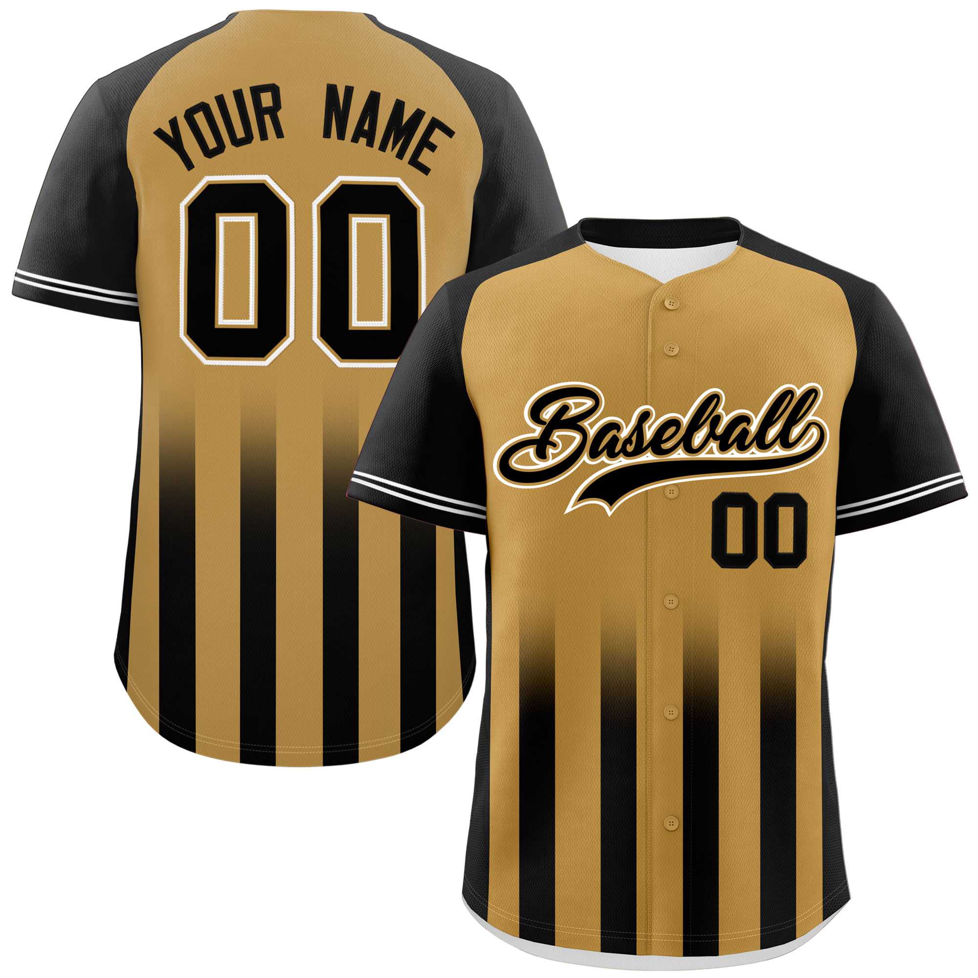 Custom Old Gold Black Raglan Sleeves Gradient Thick Stripe Authentic Baseball Jersey