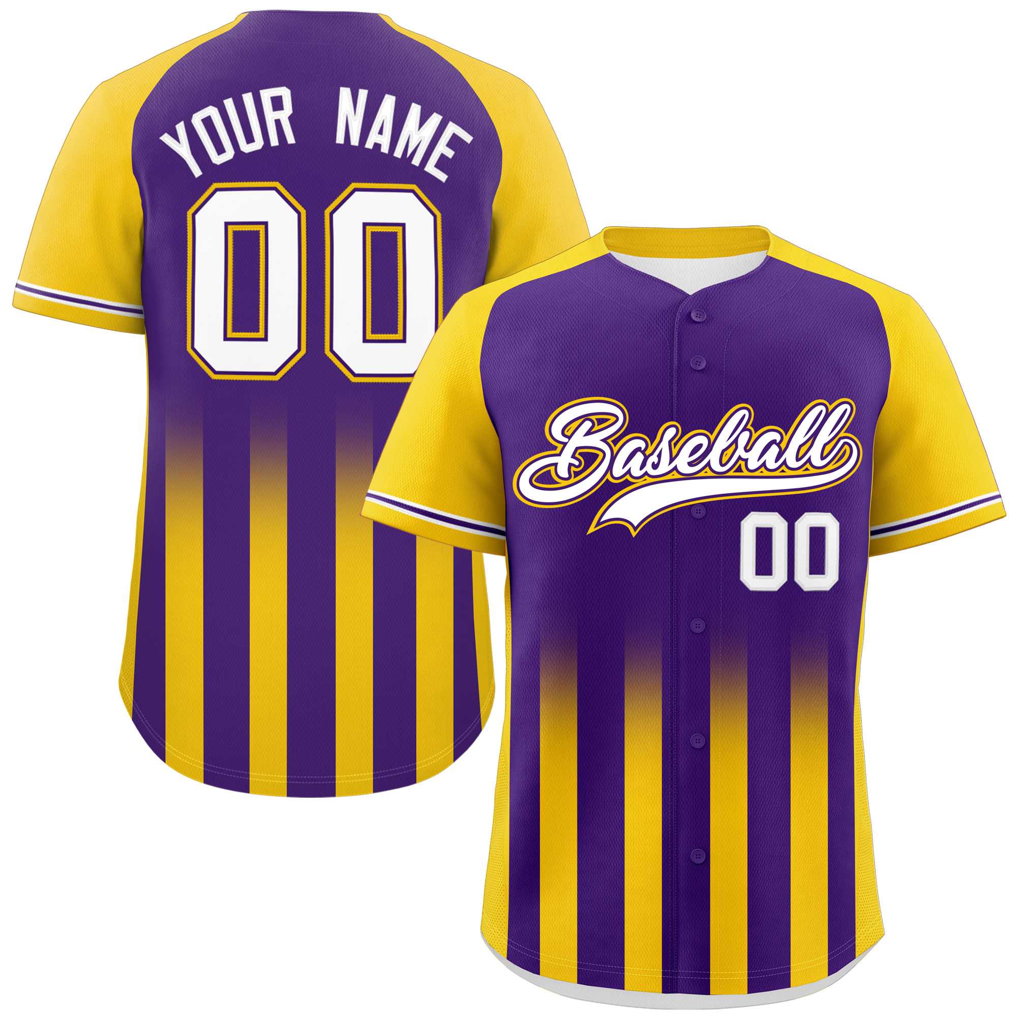 Custom Purple Gold Raglan Sleeves Gradient Thick Stripe Authentic Baseball Jersey