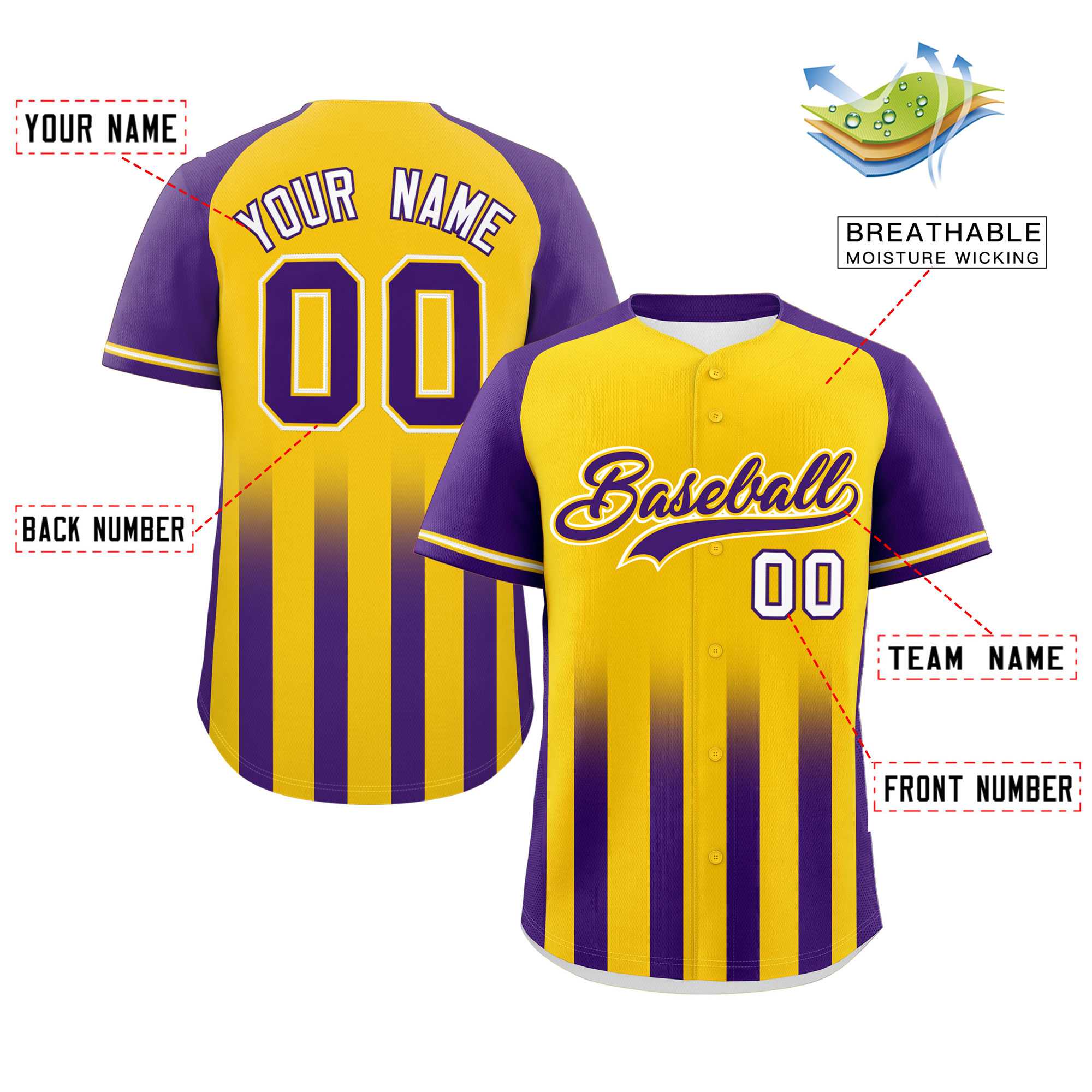 Custom Gold Purple Raglan Sleeves Gradient Thick Stripe Authentic Baseball Jersey