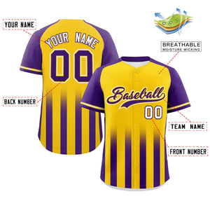 Custom Gold Purple Raglan Sleeves Gradient Thick Stripe Authentic Baseball Jersey