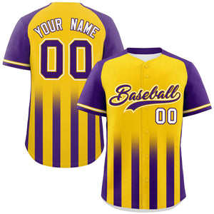 Custom Gold Purple Raglan Sleeves Gradient Thick Stripe Authentic Baseball Jersey