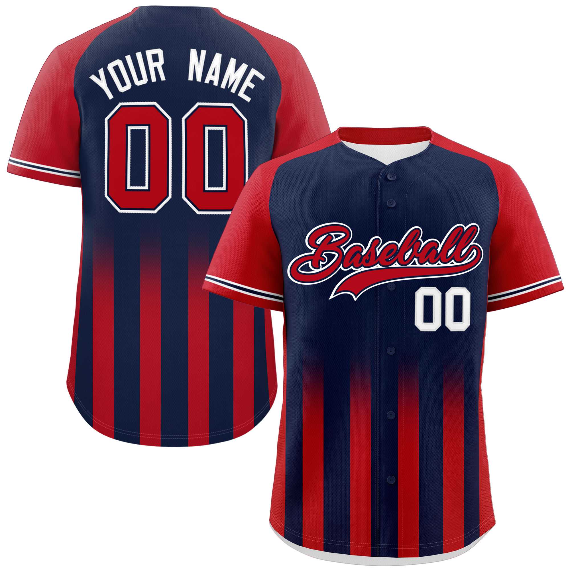 Custom Navy Red Raglan Sleeves Gradient Thick Stripe Authentic Baseball Jersey