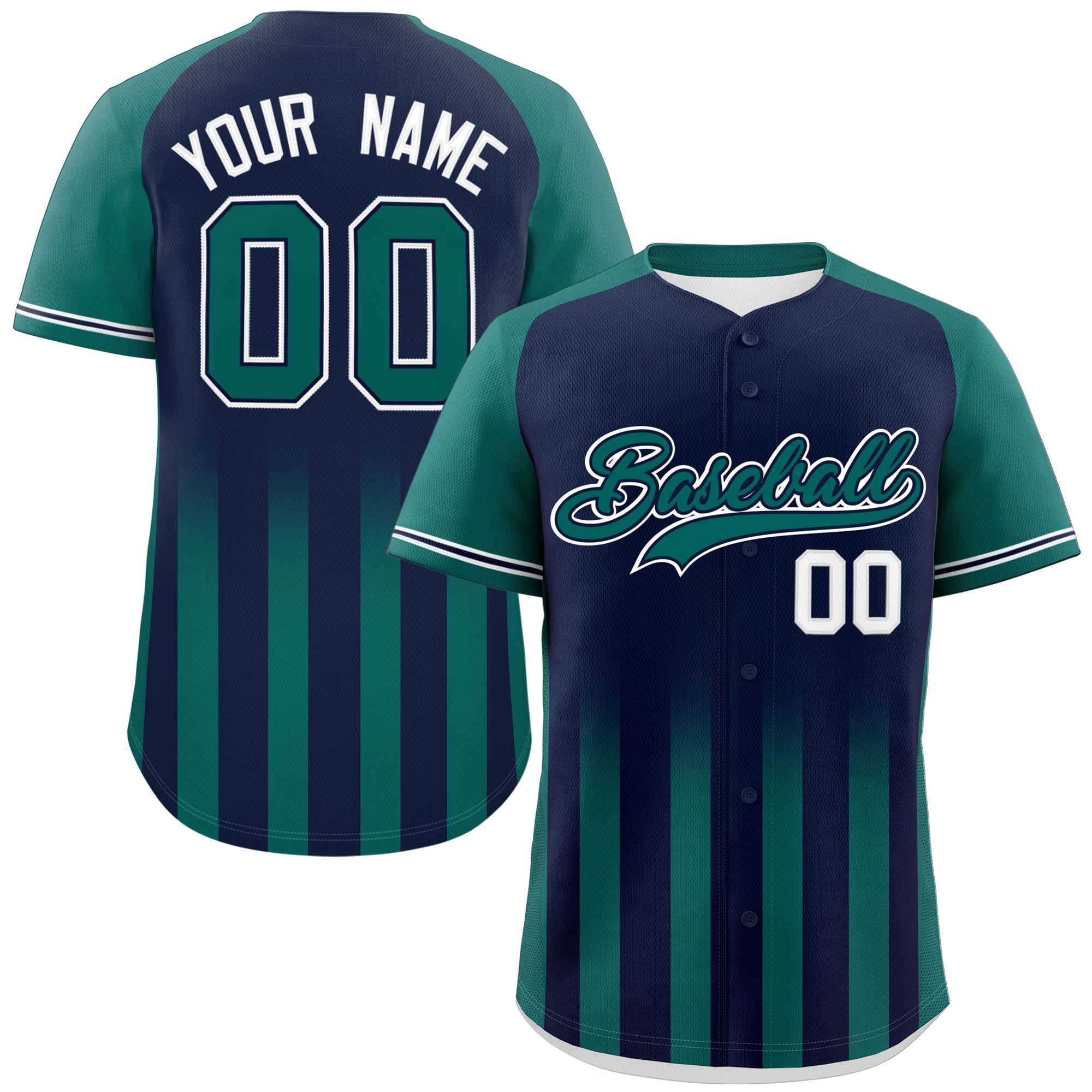 Custom Navy Aqua Raglan Sleeves Gradient Thick Stripe Authentic Baseball Jersey