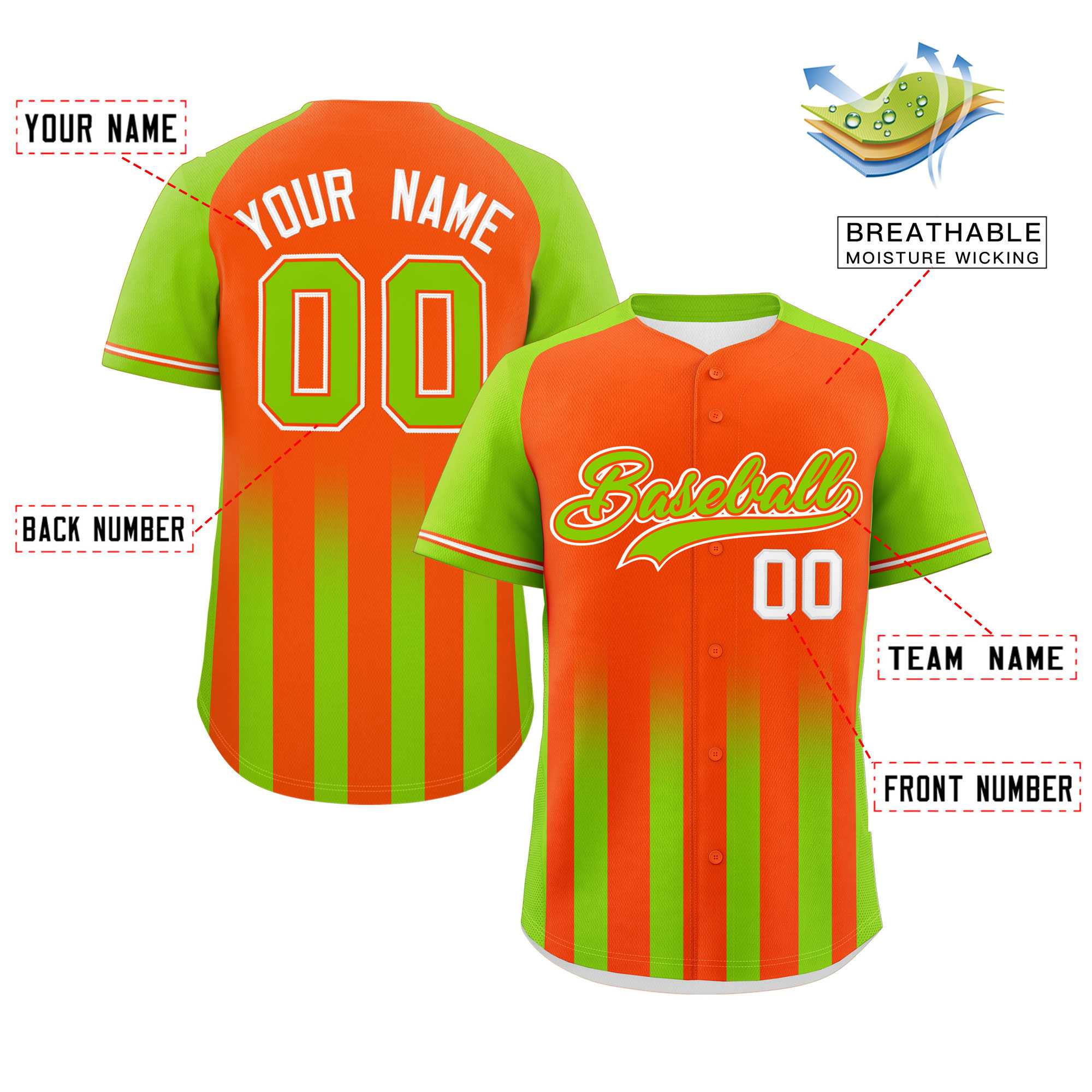 Custom Orange Neon Green Raglan Sleeves Gradient Thick Stripe Authentic Baseball Jersey