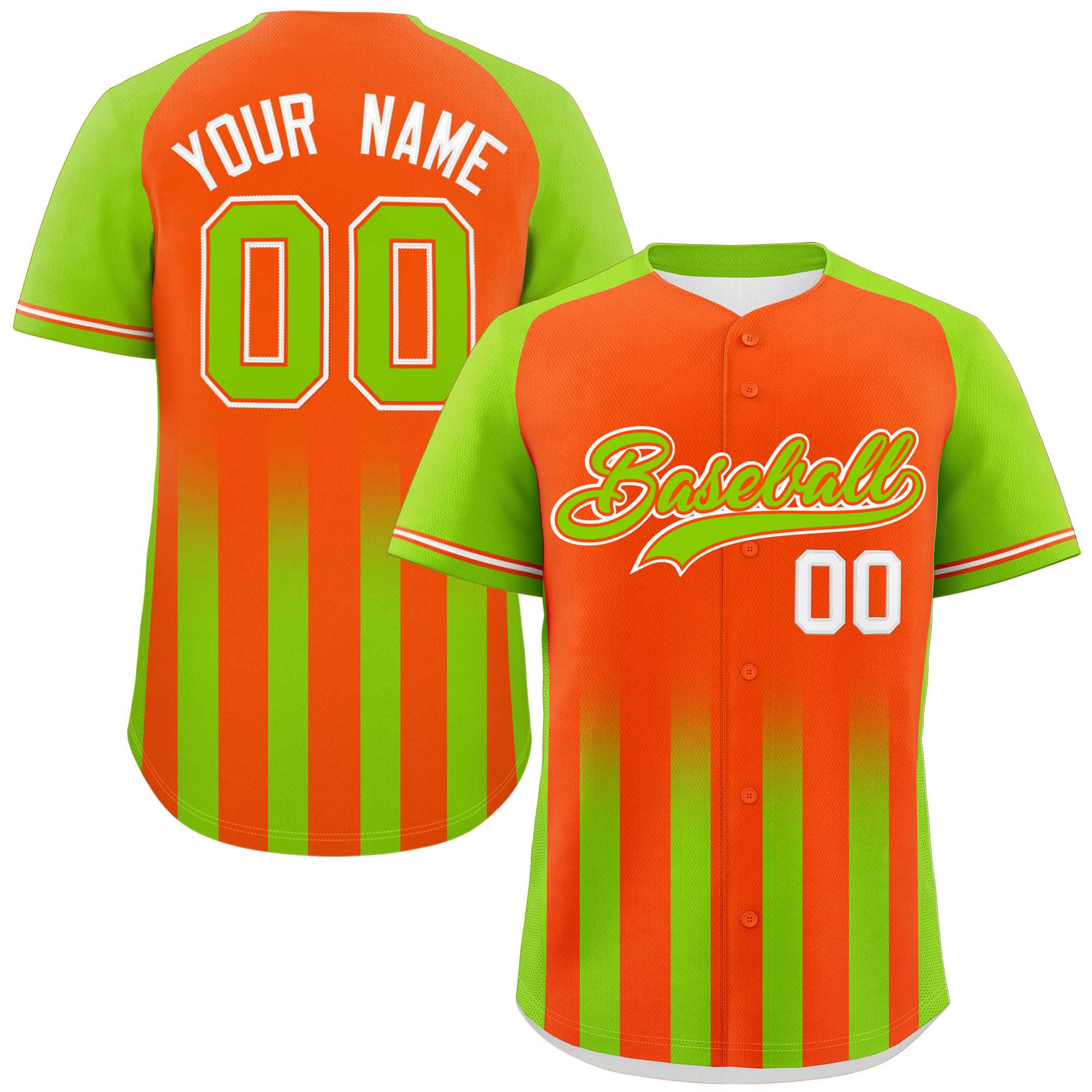 Custom Orange Neon Green Raglan Sleeves Gradient Thick Stripe Authentic Baseball Jersey