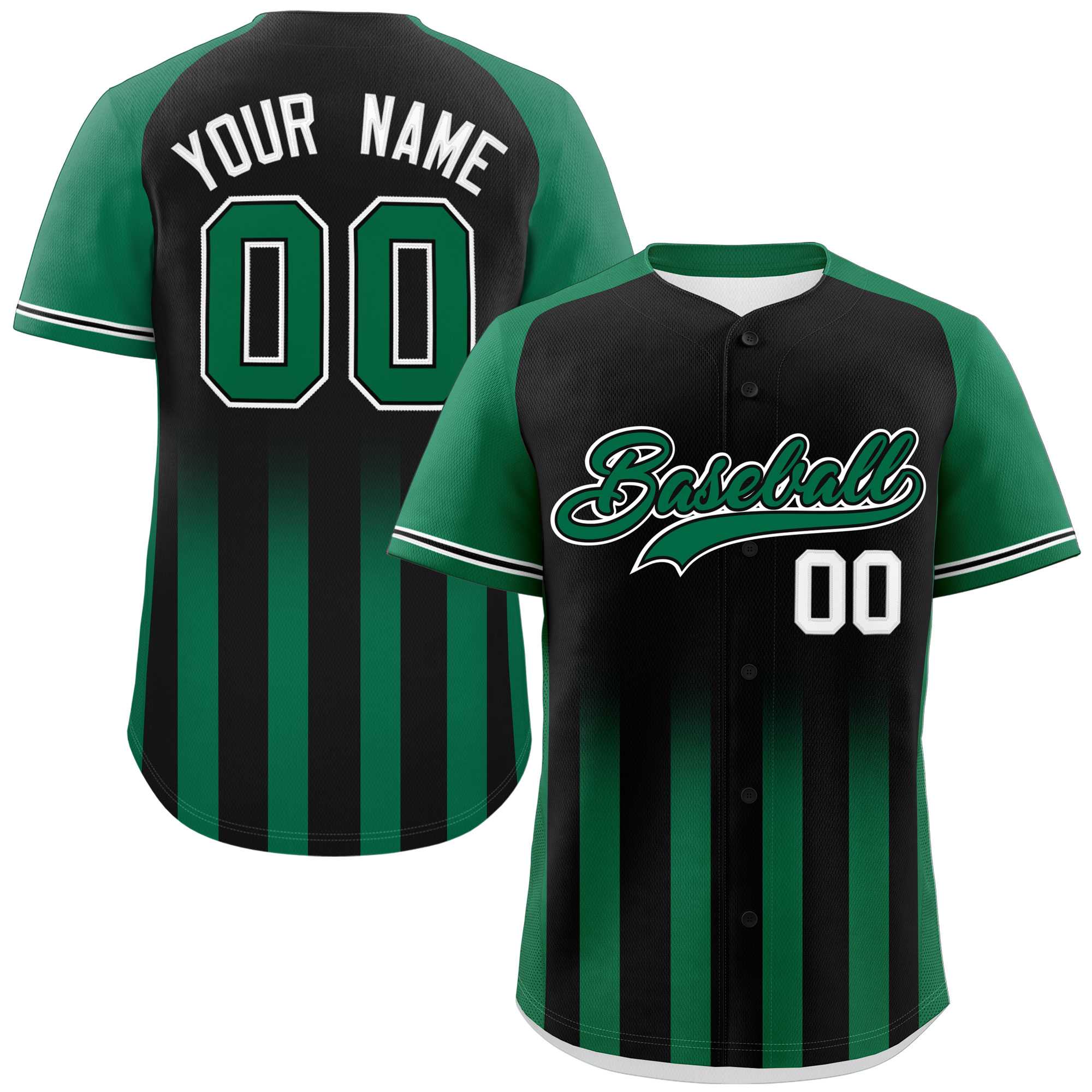 Custom Black Kelly Green Raglan Sleeves Gradient Thick Stripe Authentic Baseball Jersey