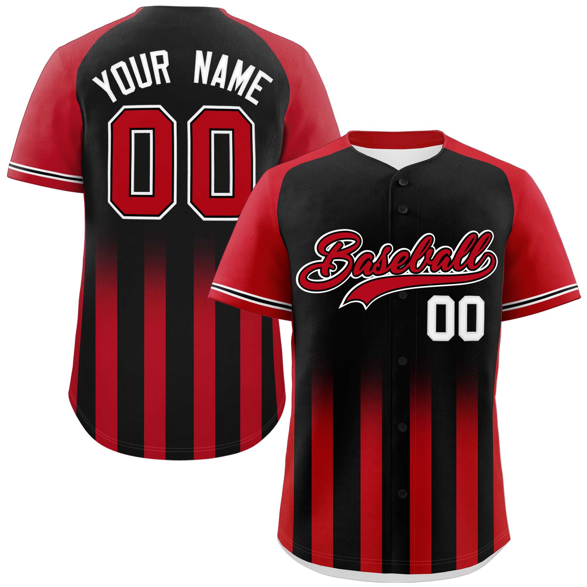 Custom Black Red Raglan Sleeves Gradient Thick Stripe Authentic Baseball Jersey